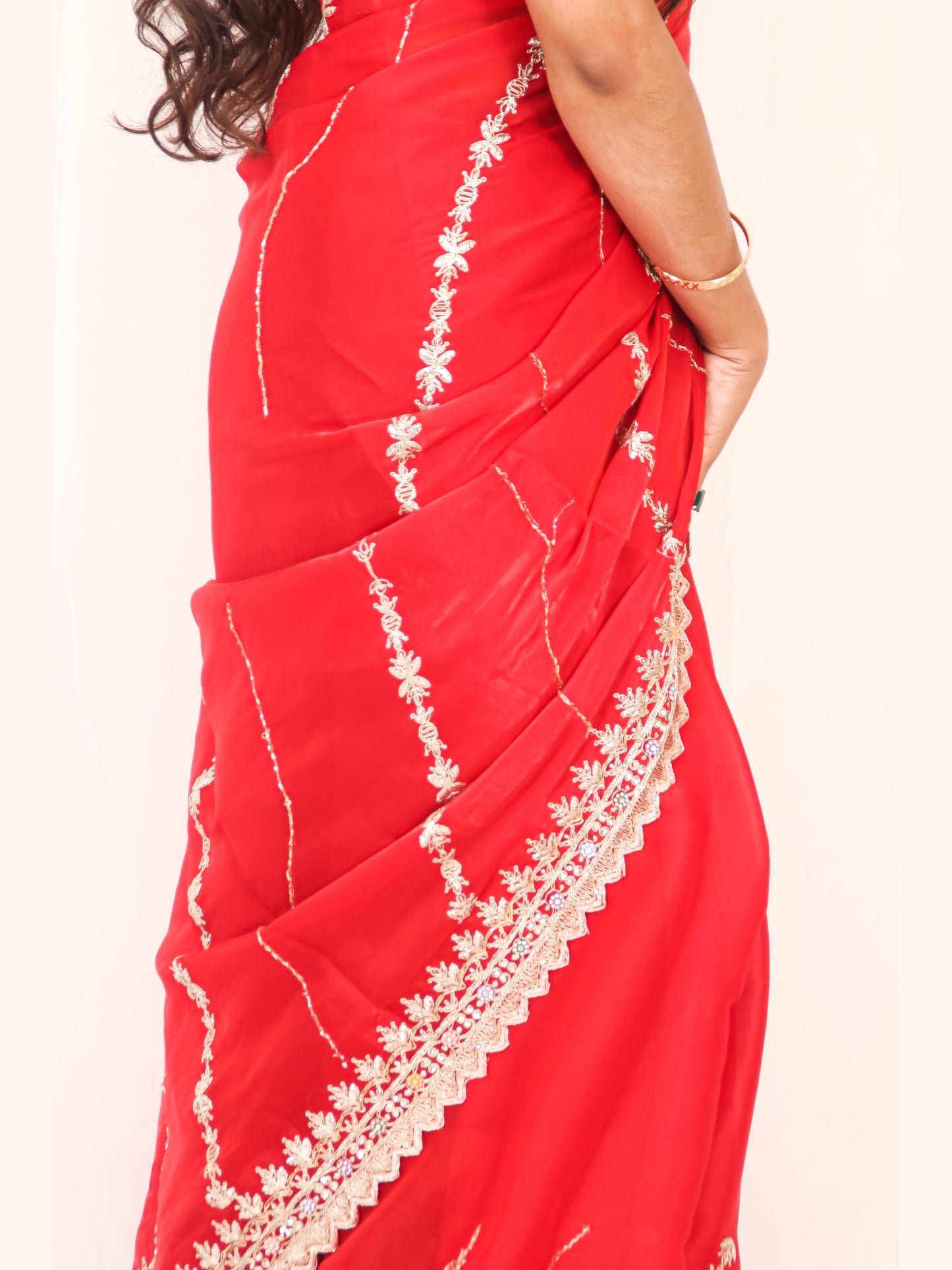 Deep Red Organza Saree with Golden Zari & Stone Work, Baby Pink Blouse