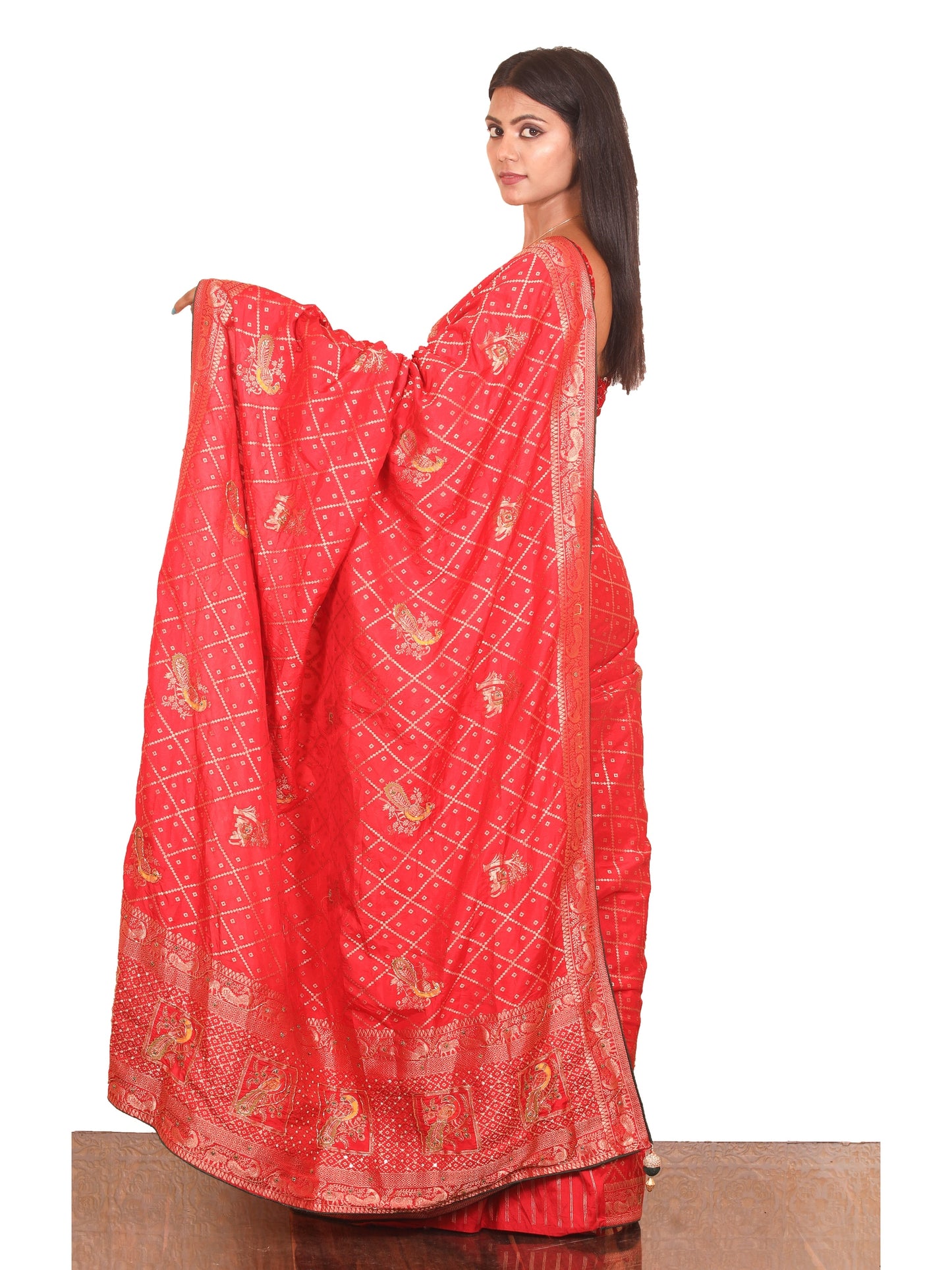 Peacock motifs Red Dola Silk Saree