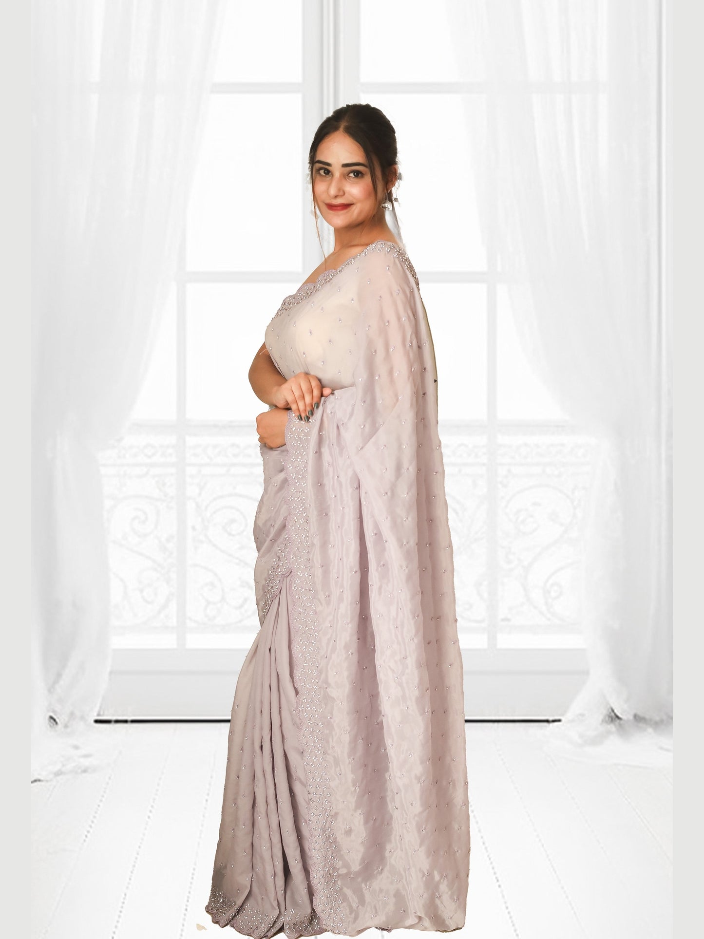 Lavender Crape Saree with Stonework