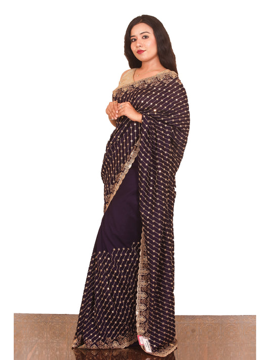 Dark Purple Golden Swarovski work Raw Silk Saree