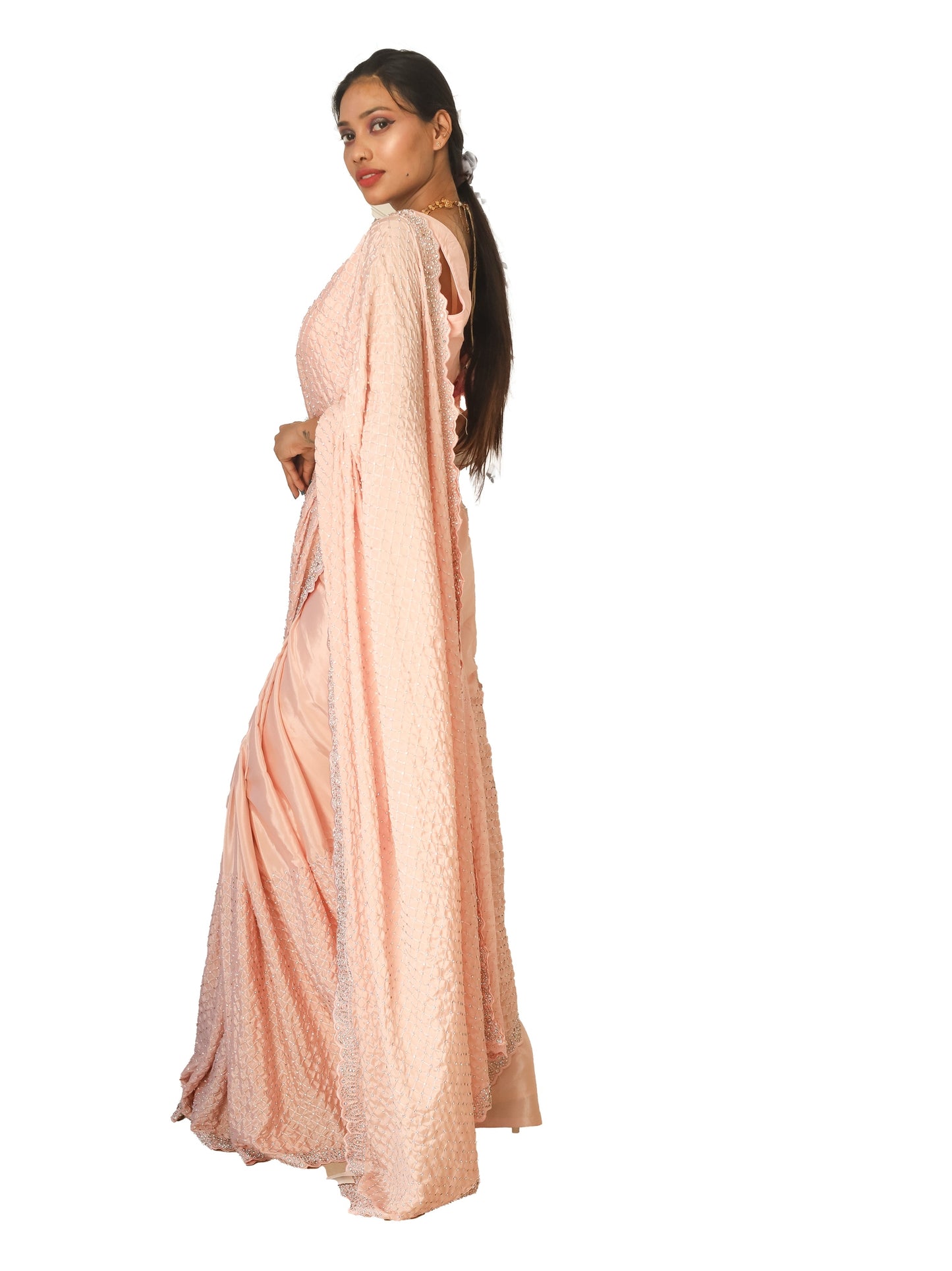 Cream Pink Fancy Crape Saree With Stonework