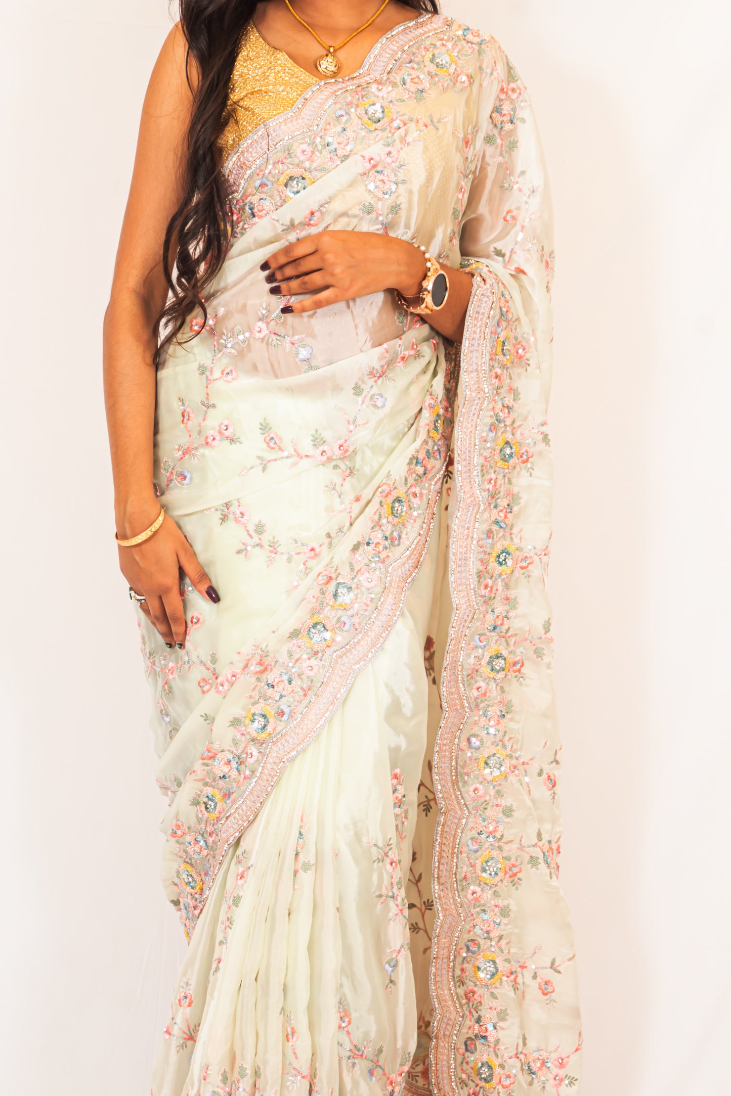 Cream White Saree with Floral Thread Work – Elegant & Timeless.