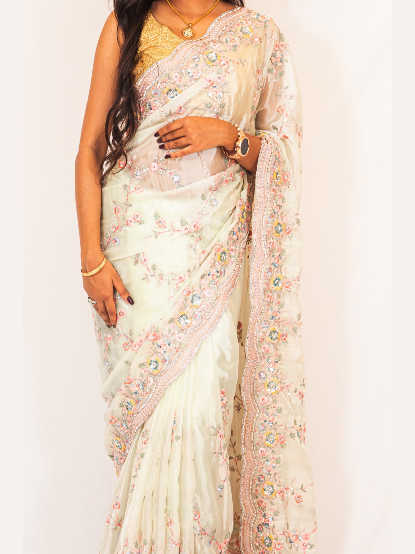 Cream White Saree with Floral Thread Work – Elegant & Timeless.