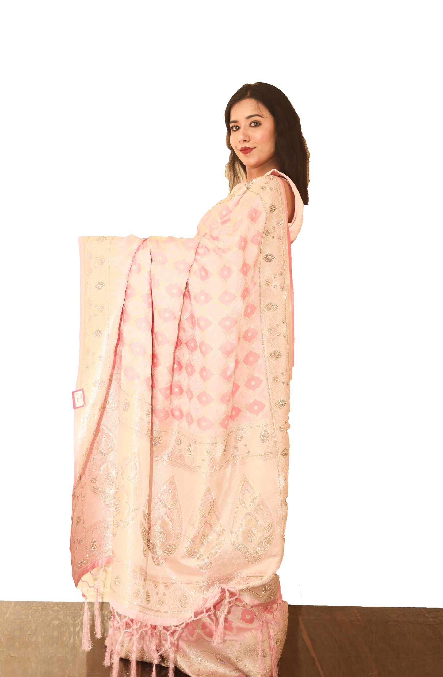 Peach Gold Zariwork Dola Silk Saree