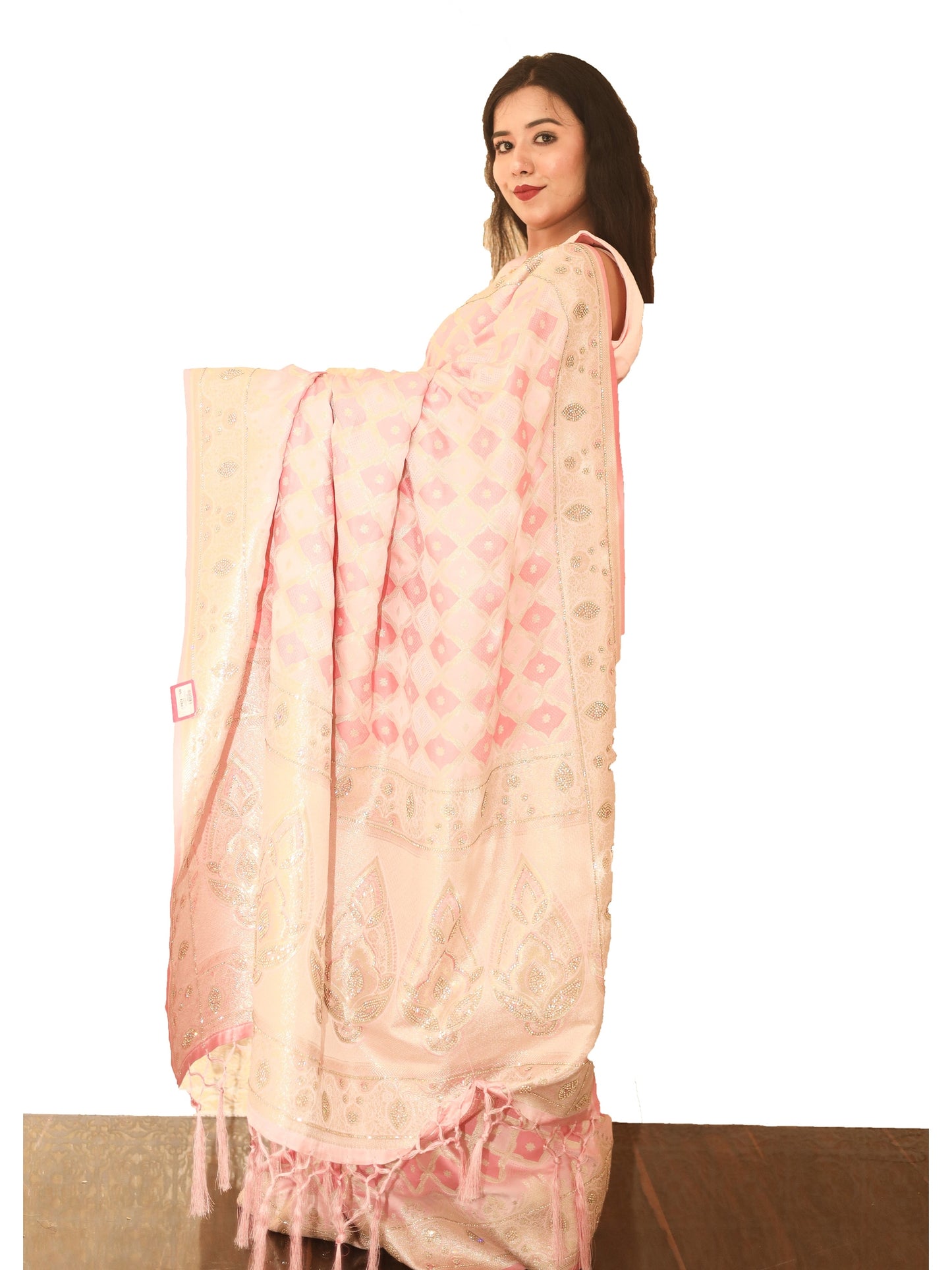 Peach Gold Zariwork Dola Silk Saree