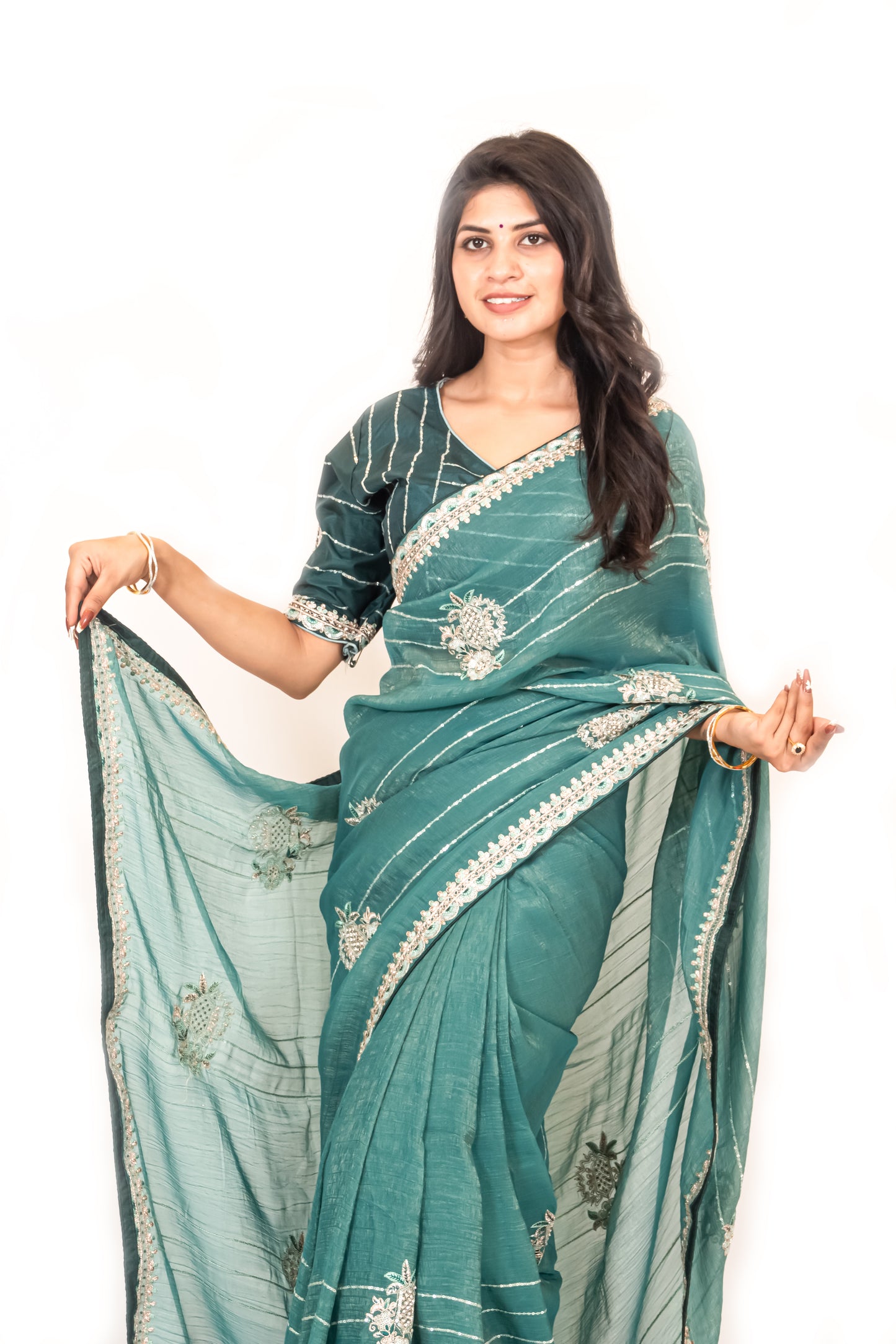 Rama Green Organza Saree with Zari & Stone Detailing, Comes with Ready-Made Blouse