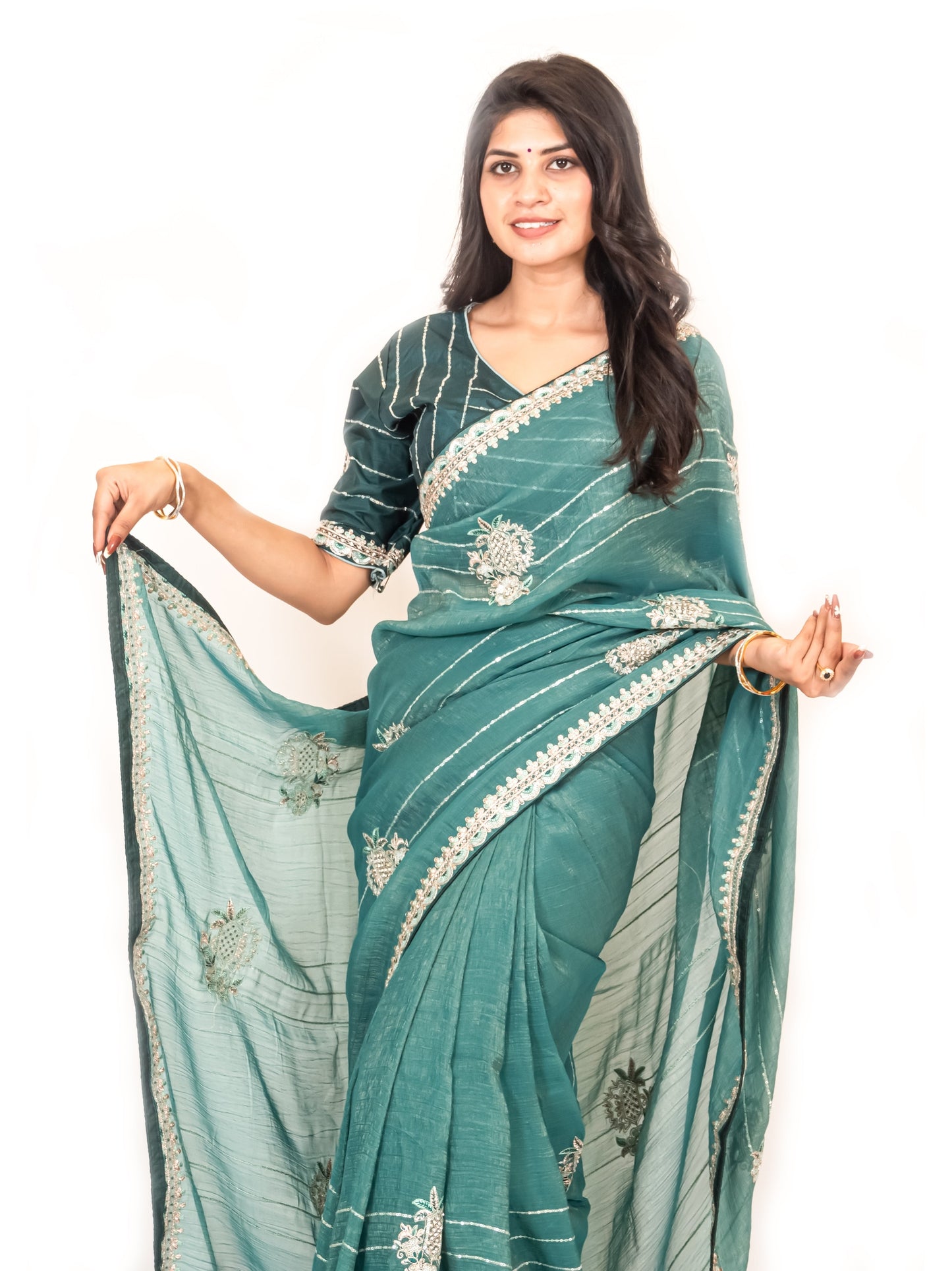 Rama Green Organza Saree with Zari & Stone Detailing, Comes with Ready-Made Blouse