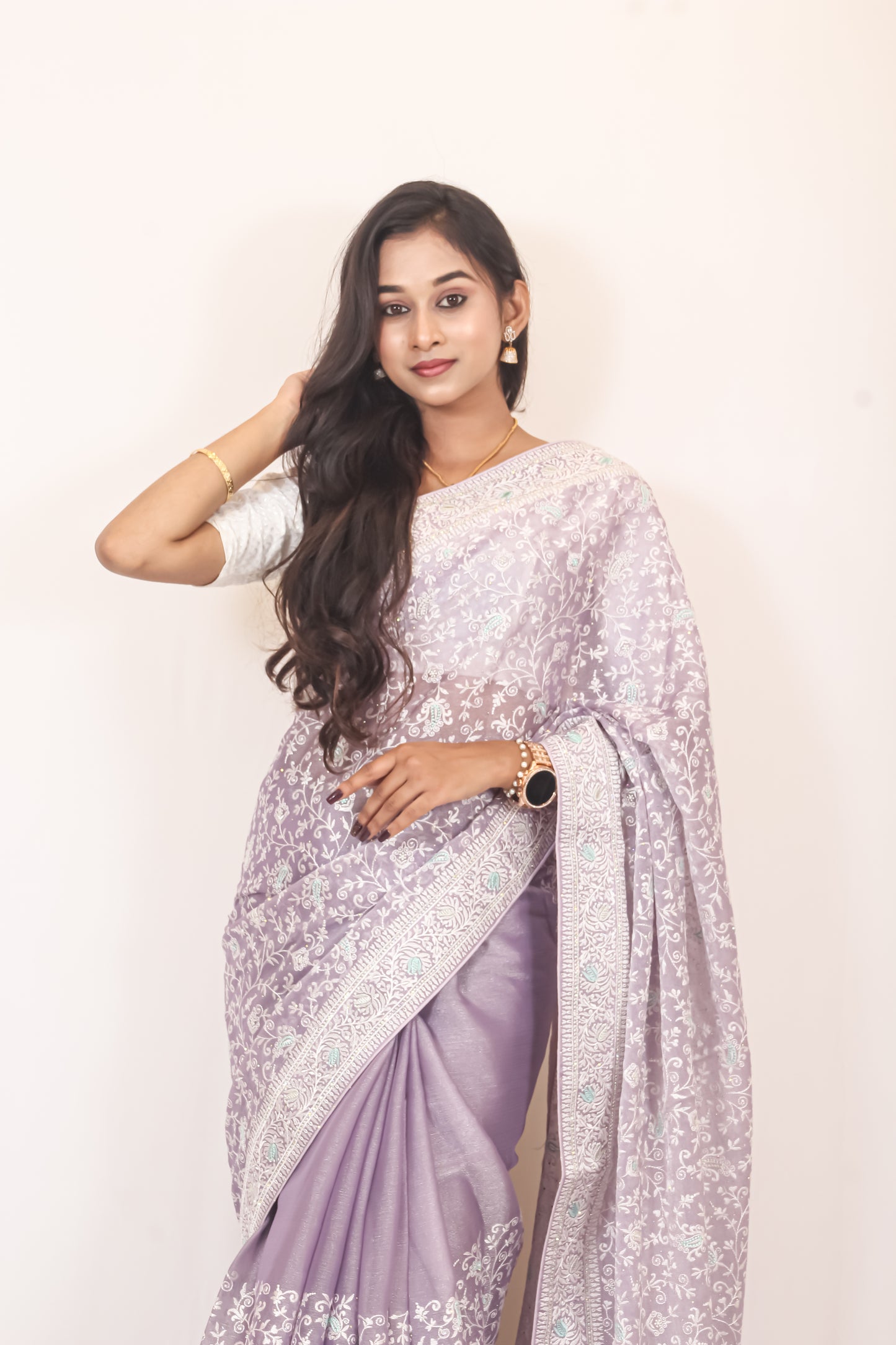 Lavender Organza Saree with White Thread Work – Elegant & Feminine.