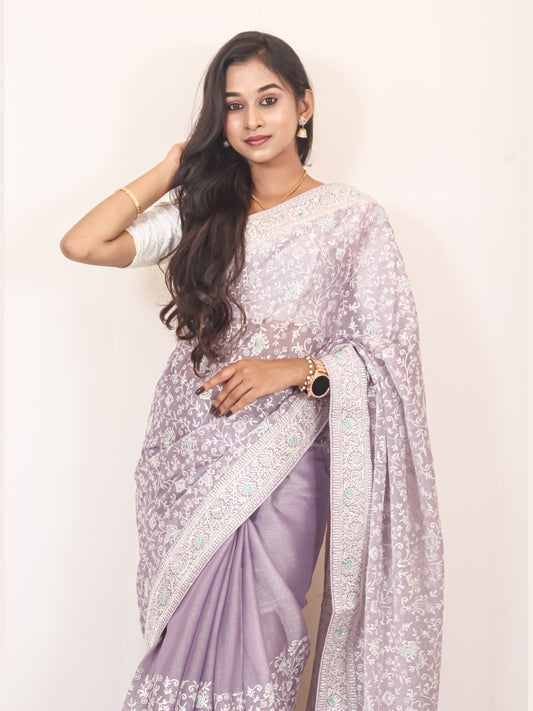 Lavender Organza Saree with White Thread Work – Elegant & Feminine.