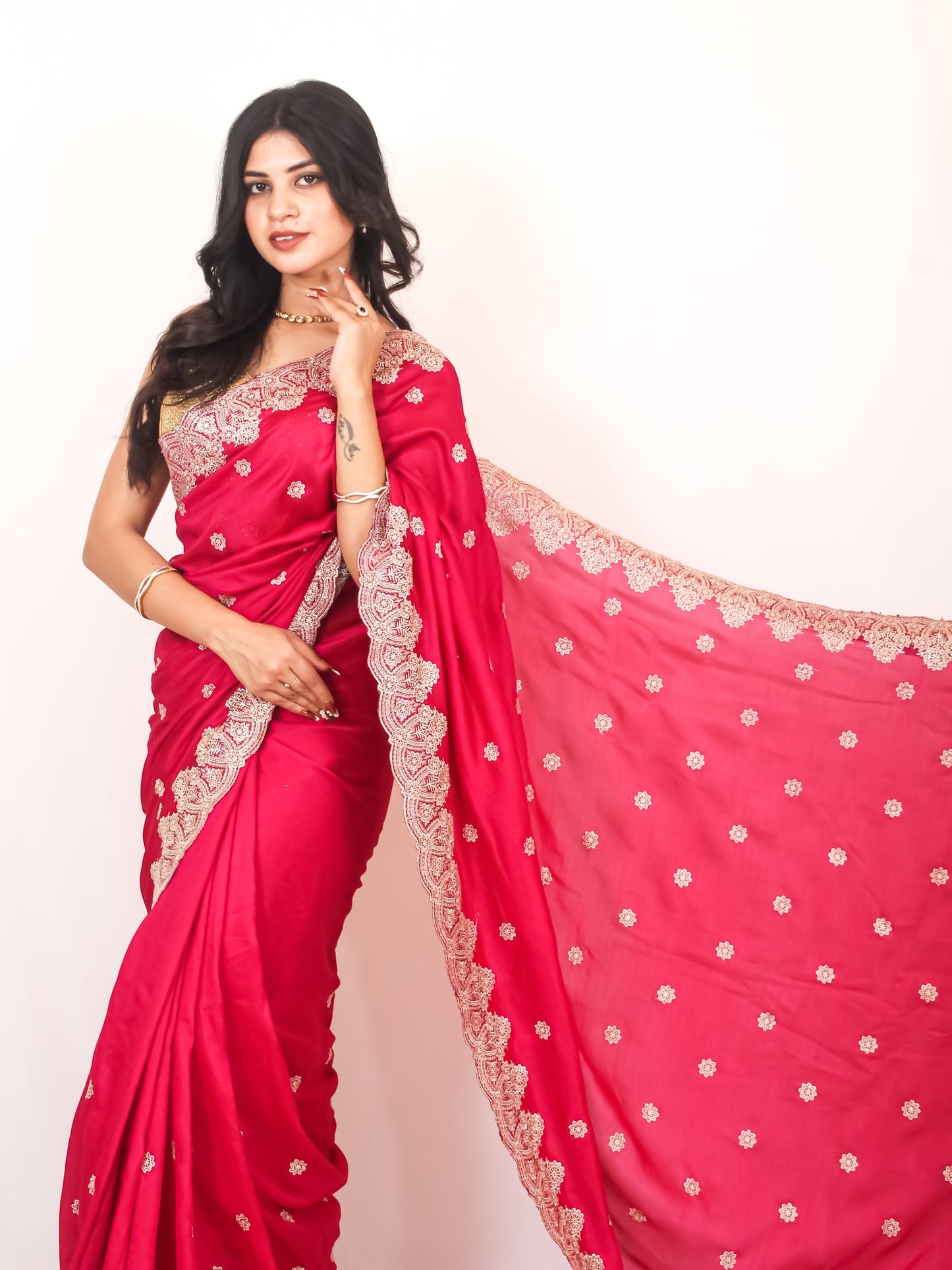 Elegant Rani Pink Vichitra Silk Saree with Golden Zari and Bota Detailing
