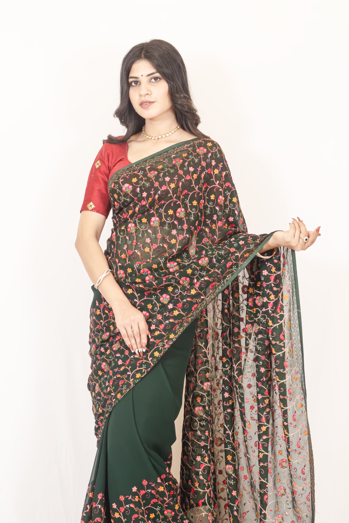 Sophisticated Bottle Green Georgette Saree with Resham & Swarovski