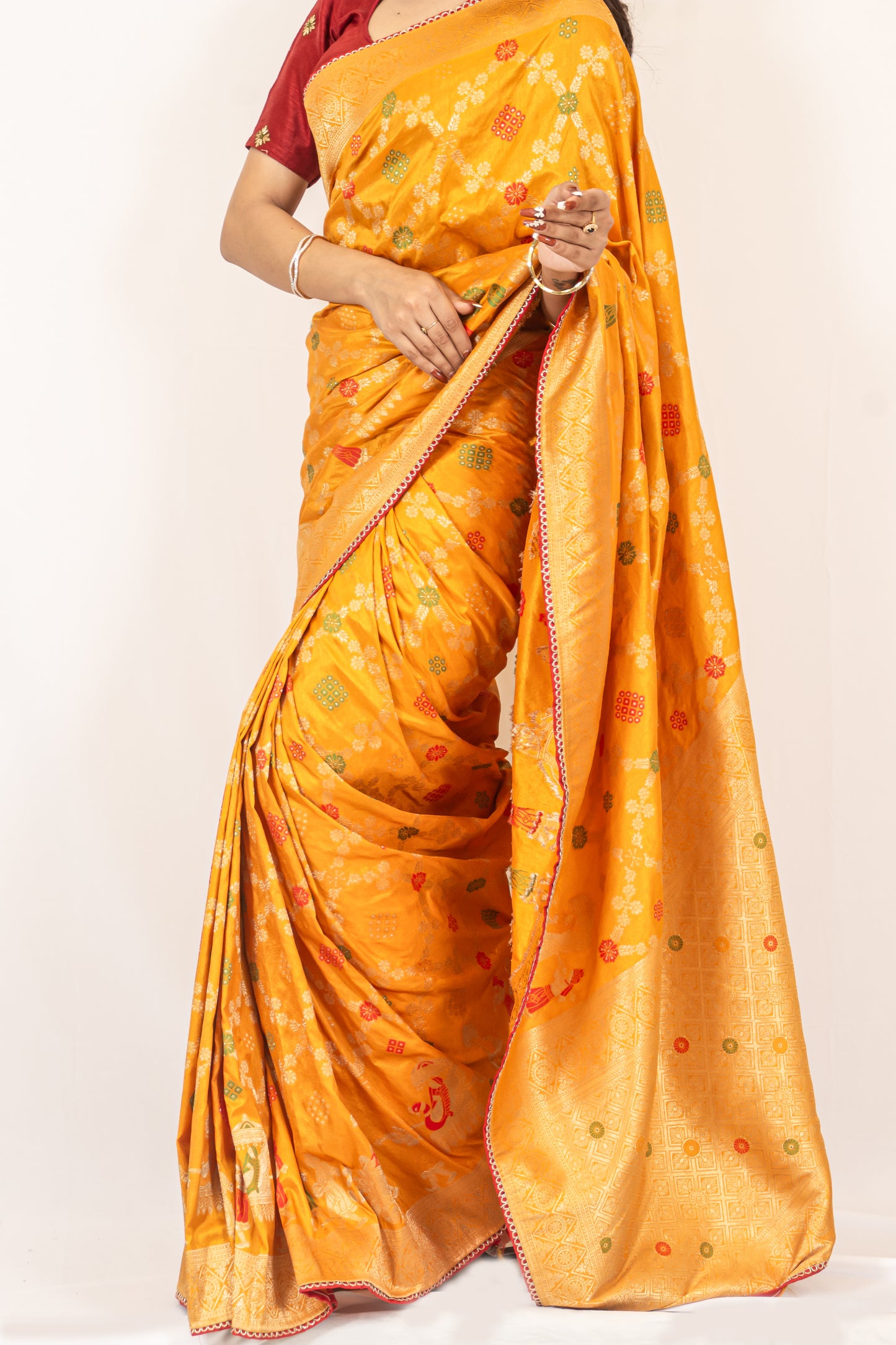Traditional Dola Silk Mustard Yellow Ghatchola Saree with Rich Detailing