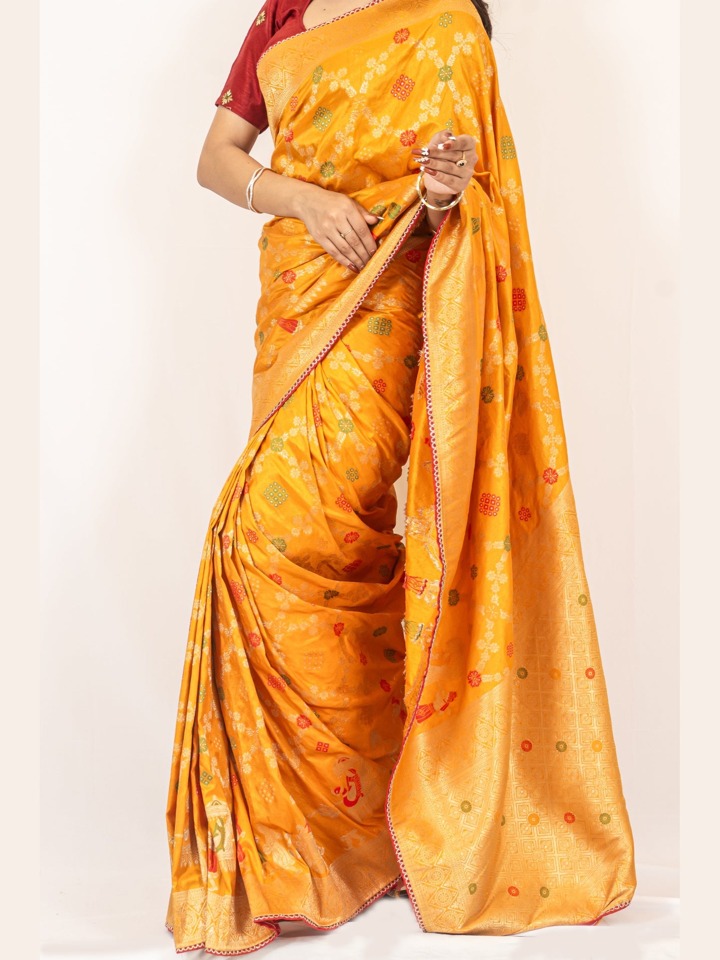 Traditional Dola Silk Mustard Yellow Ghatchola Saree with Rich Detailing