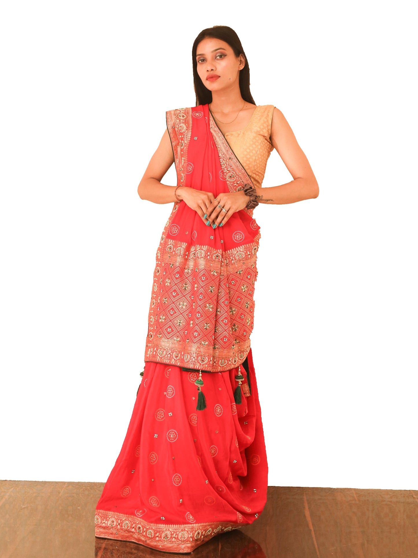 Rani Pink Crape Saree Stonework embroidery