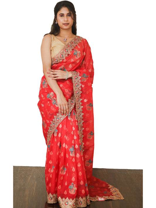 Cherry Red Organza Saree with Golden zariwork