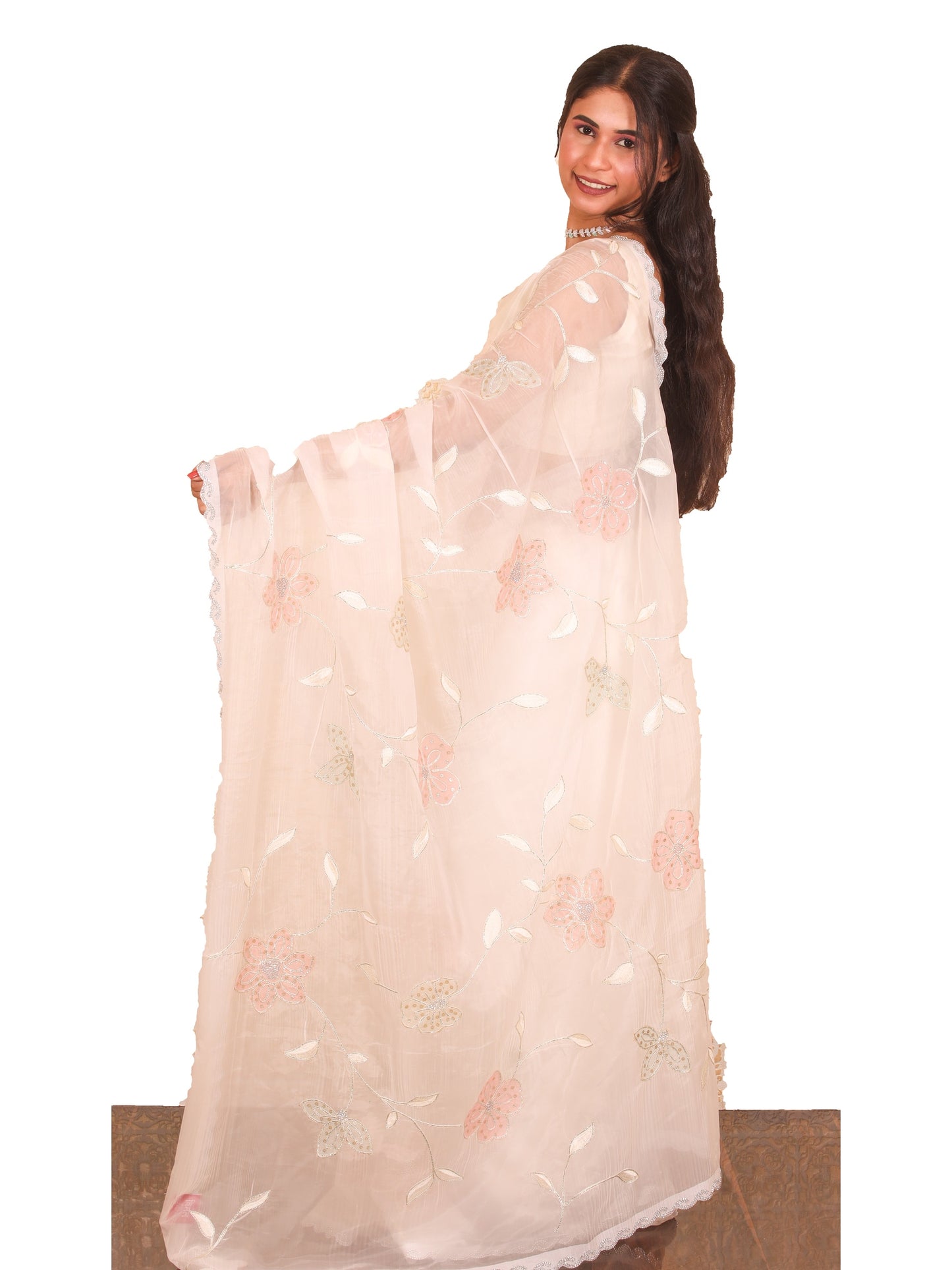 Cream White Organza Saree with Stonework & Sequence embroidery