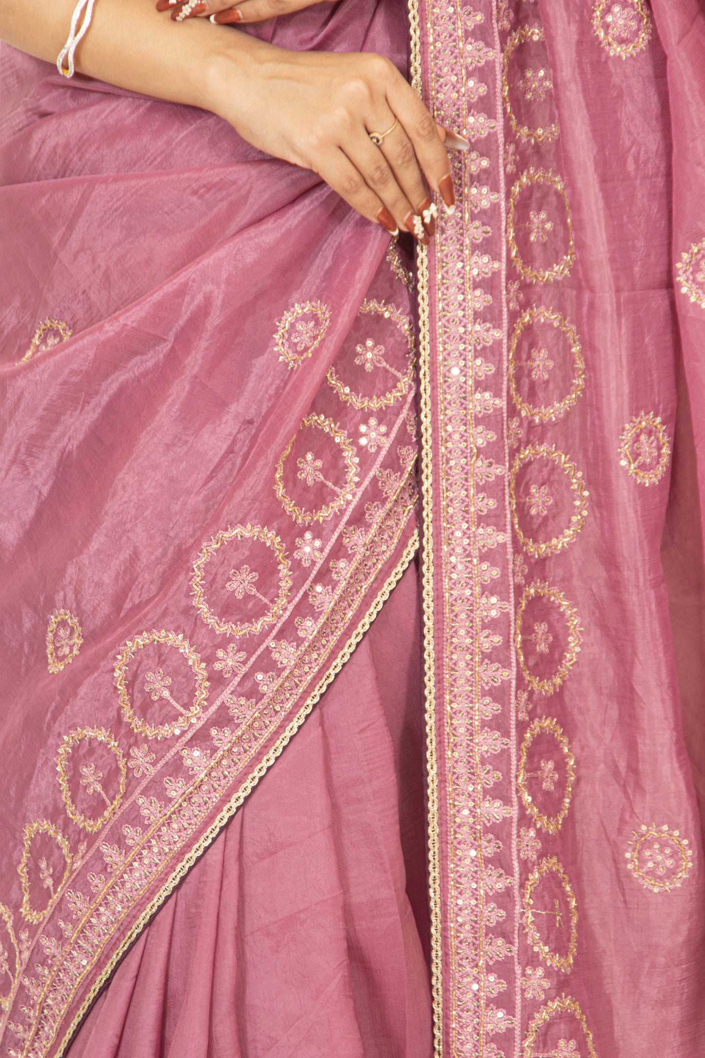 Glamorous Onion Pink Crush Chinon Chiffon Saree with Zari, Sequence & Cardana Accents