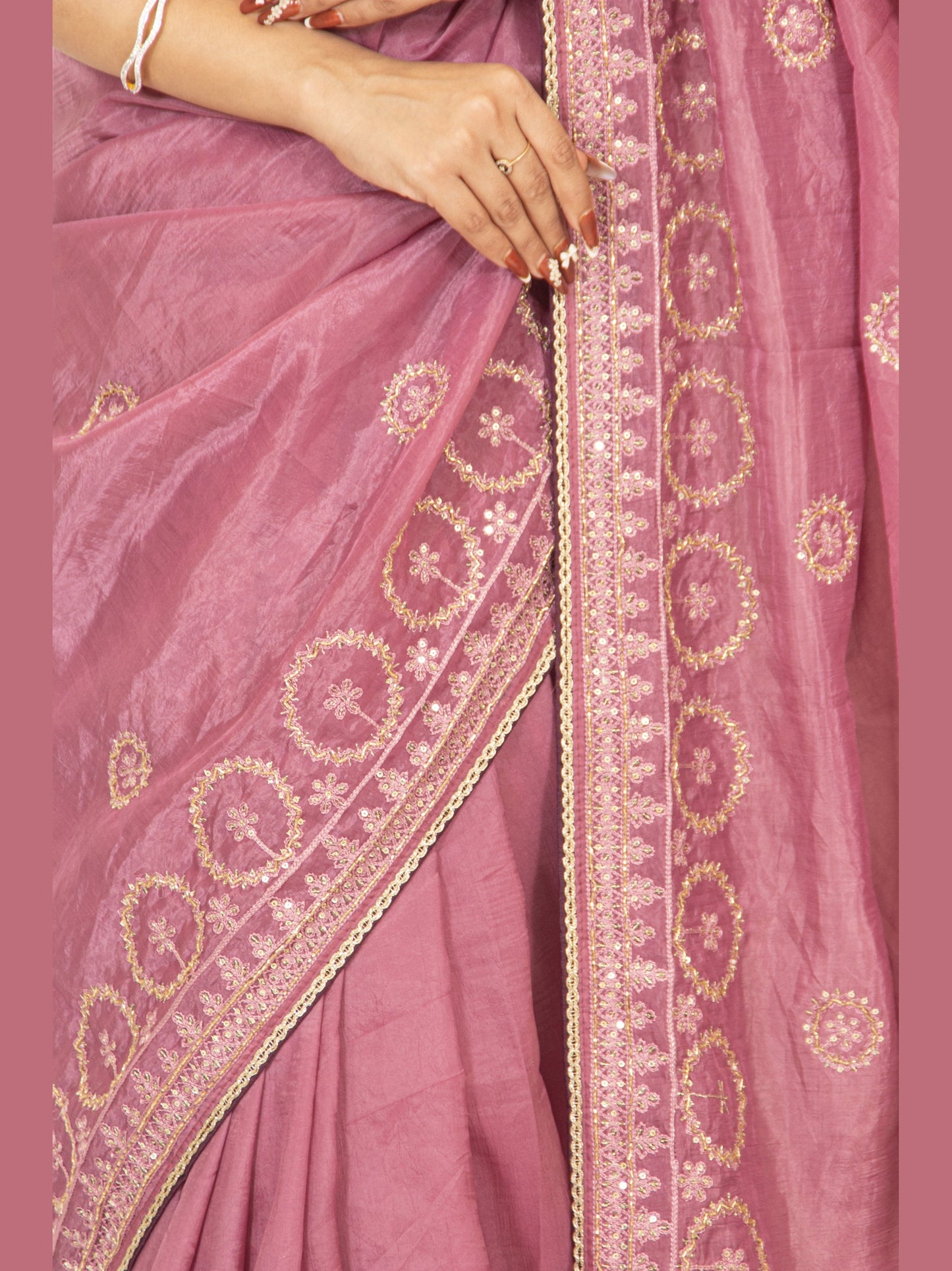 Glamorous Onion Pink Crush Chinon Chiffon Saree with Zari, Sequence & Cardana Accents