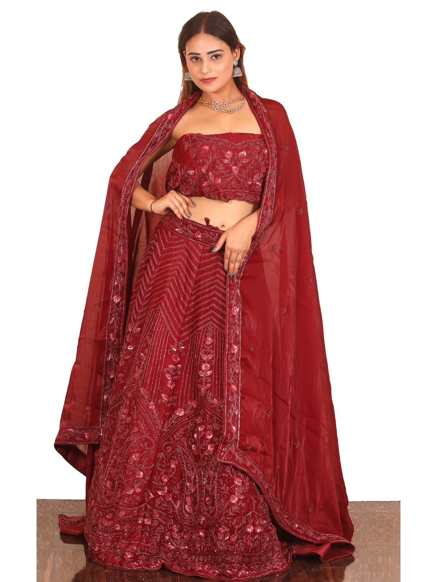 Maroon Sequence embroidery Organza Lehenga