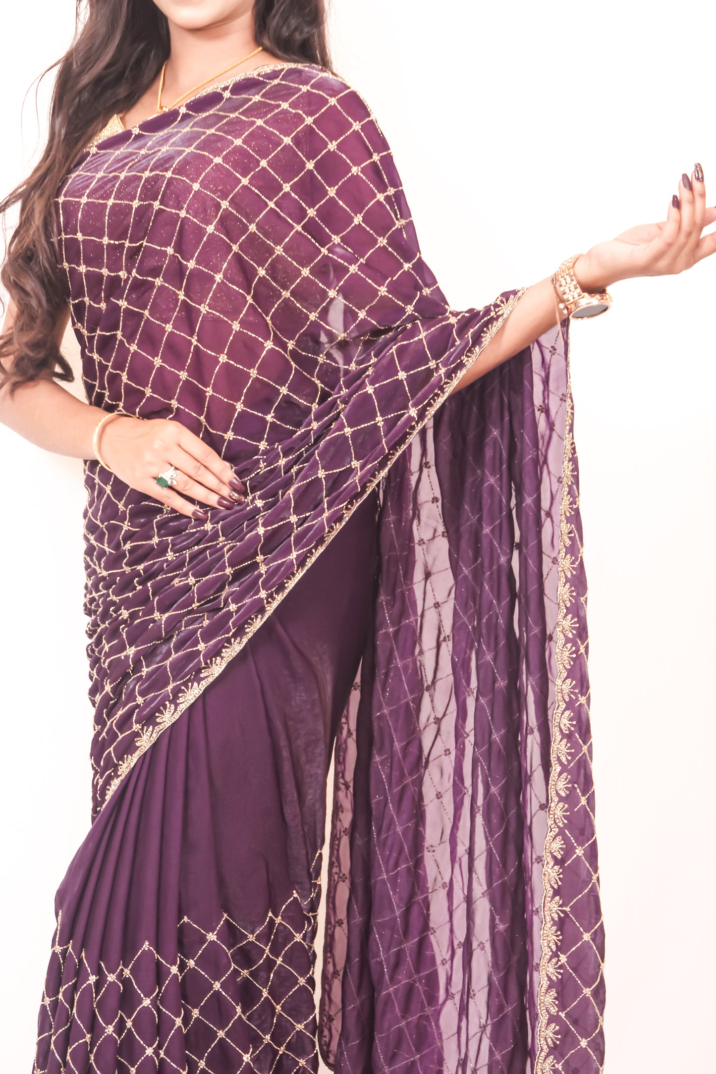 Deep Purple Velvet Chiffon Saree with All-Over Cut Dana & Stone Work