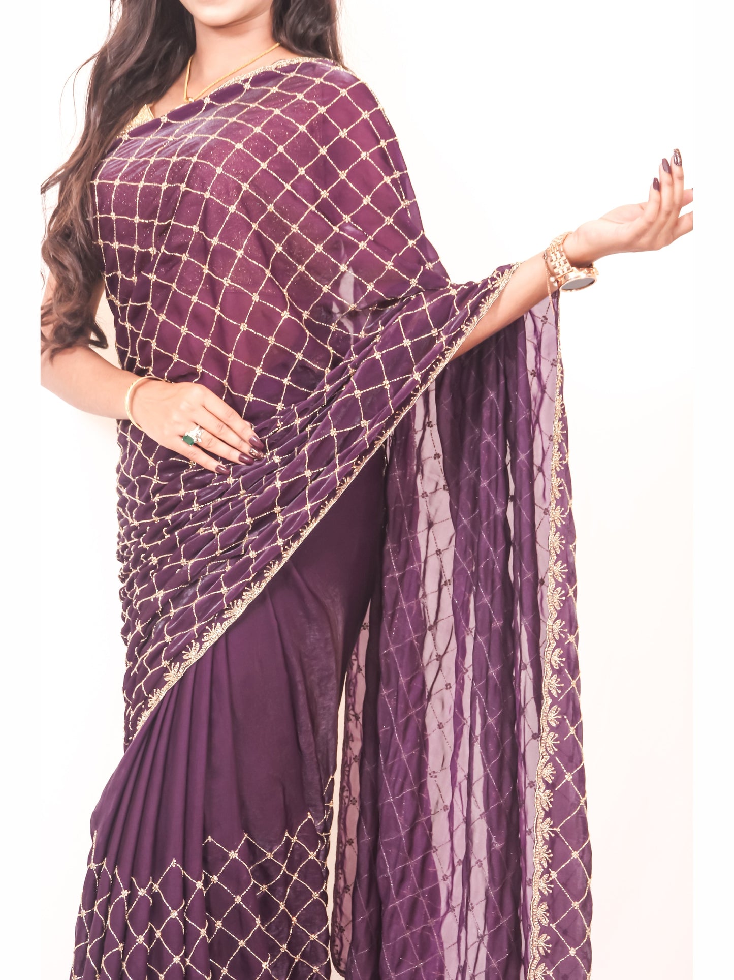 Deep Purple Velvet Chiffon Saree with All-Over Cut Dana & Stone Work