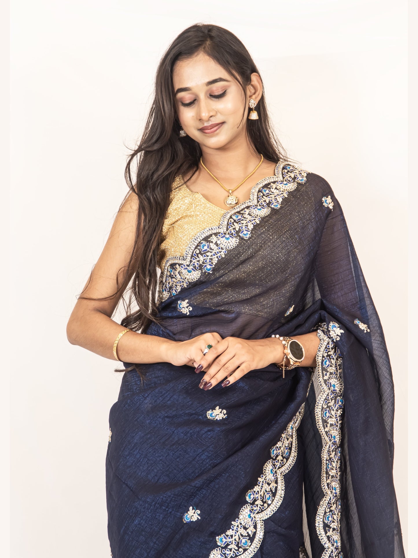 Exquisite Wine Georgette Saree with Resham Work & Swarovski Embellishments