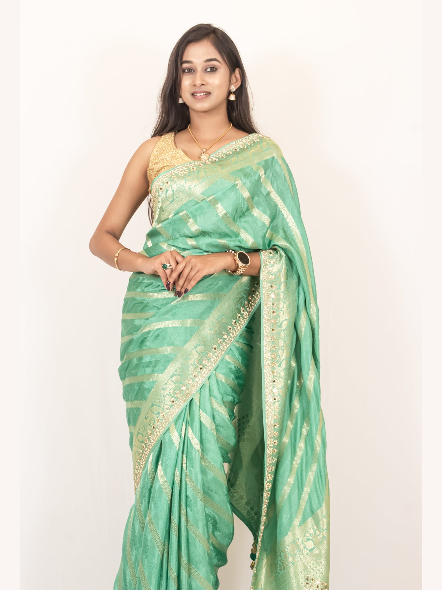 Elegant Pista Green Crape Silk Saree with Swarovski, Zari, and Mirror Work | Matching Blouse Included