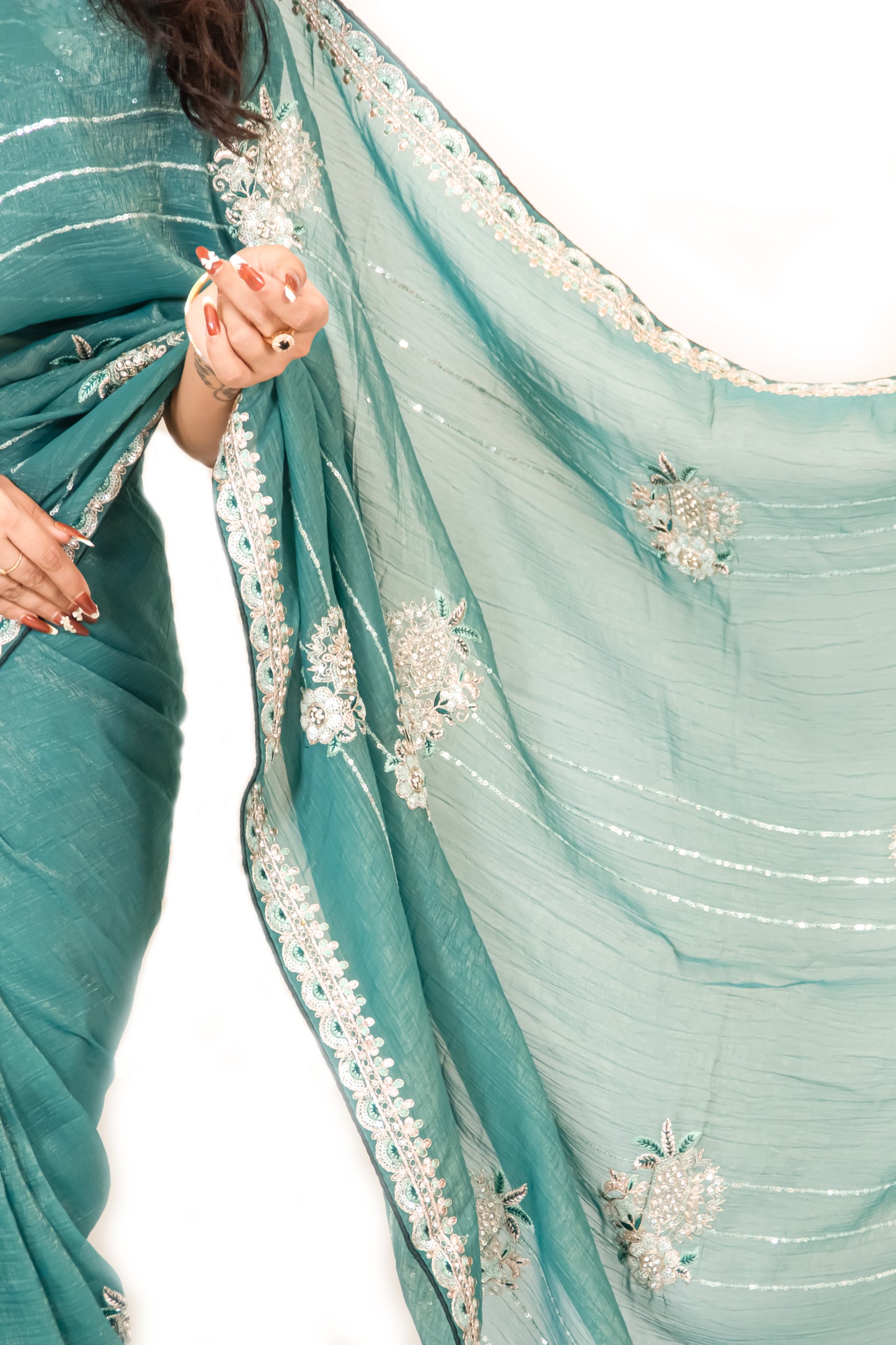 Rama Green Organza Saree with Zari & Stone Detailing, Comes with Ready-Made Blouse