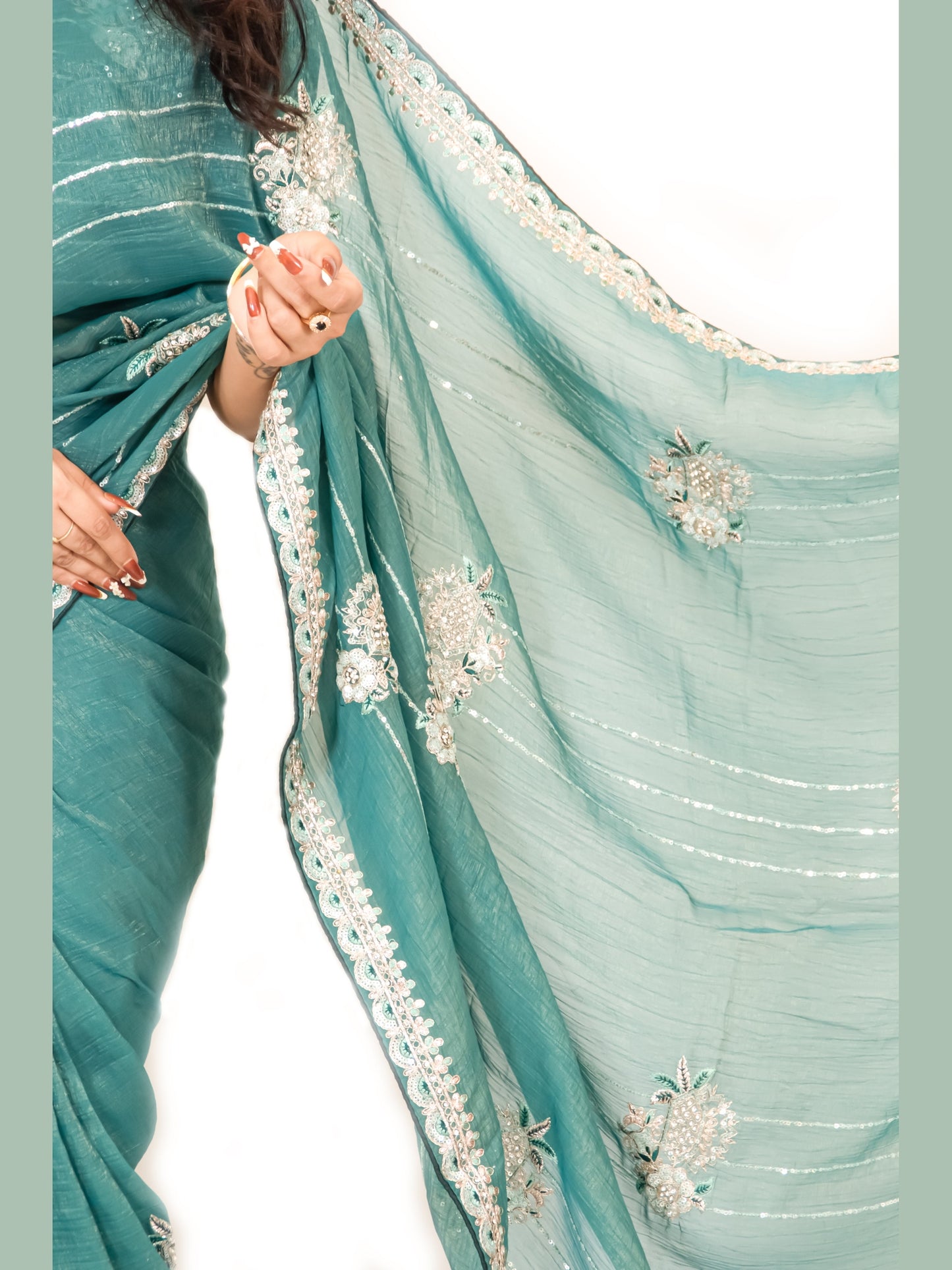 Rama Green Organza Saree with Zari & Stone Detailing, Comes with Ready-Made Blouse