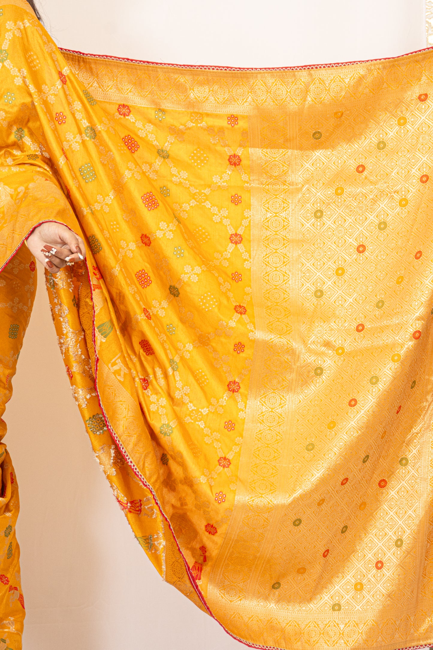 Traditional Dola Silk Mustard Yellow Ghatchola Saree with Rich Detailing