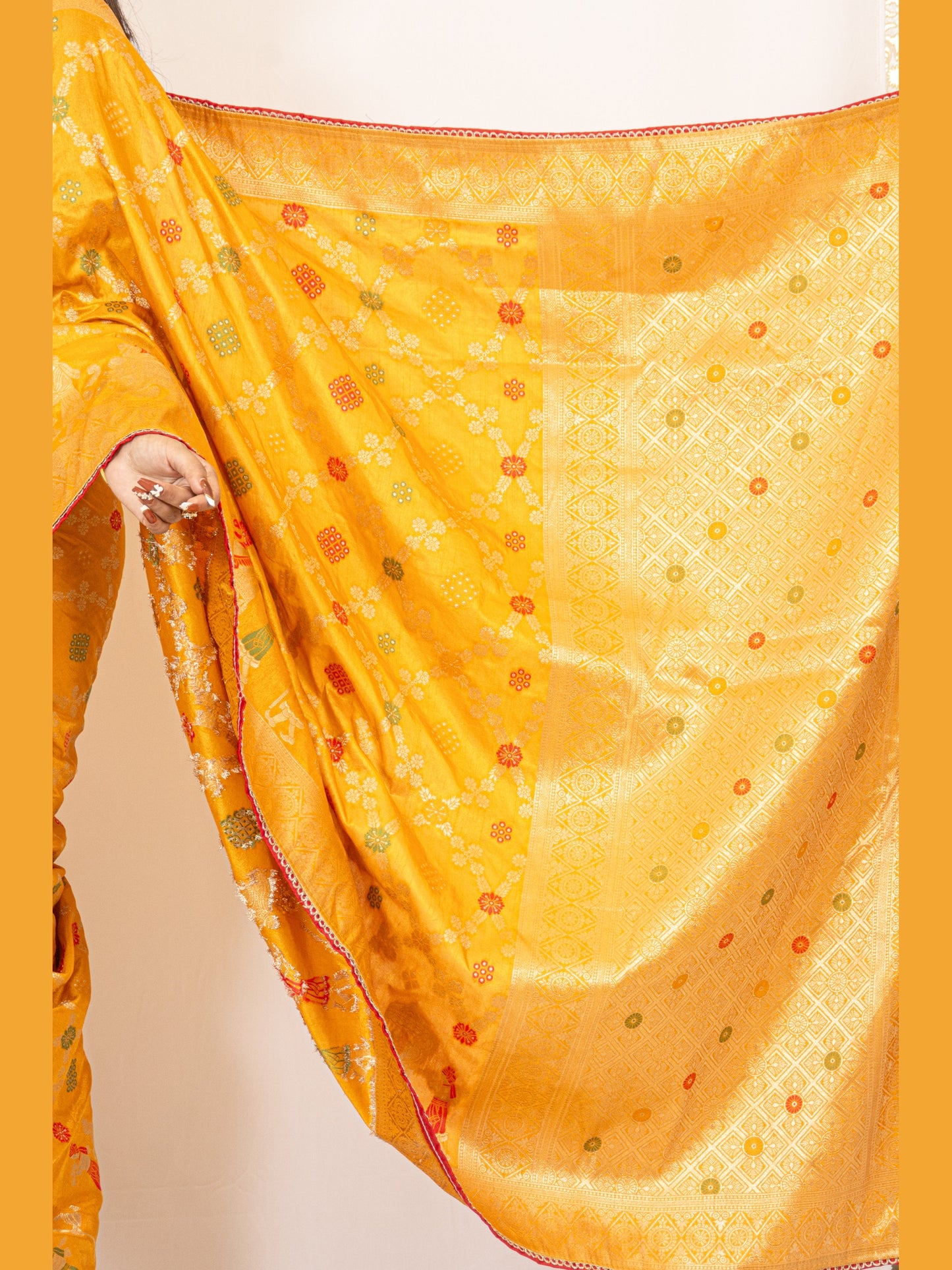 Traditional Dola Silk Mustard Yellow Ghatchola Saree with Rich Detailing