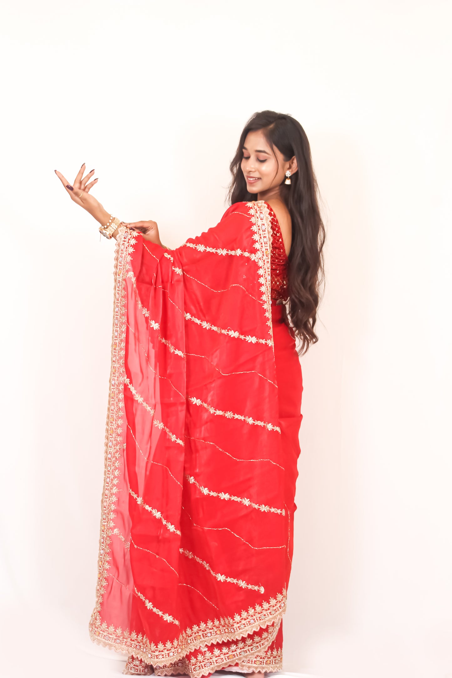 Deep Red Organza Saree with Golden Zari & Stone Work, Baby Pink Blouse