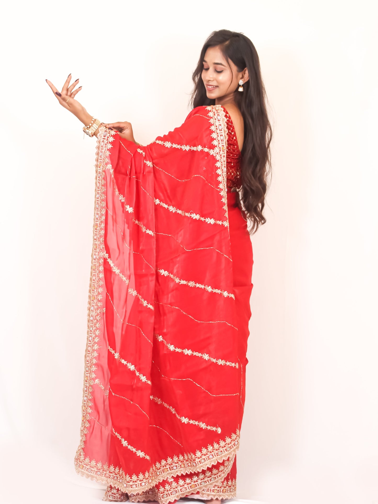 Deep Red Organza Saree with Golden Zari & Stone Work, Baby Pink Blouse