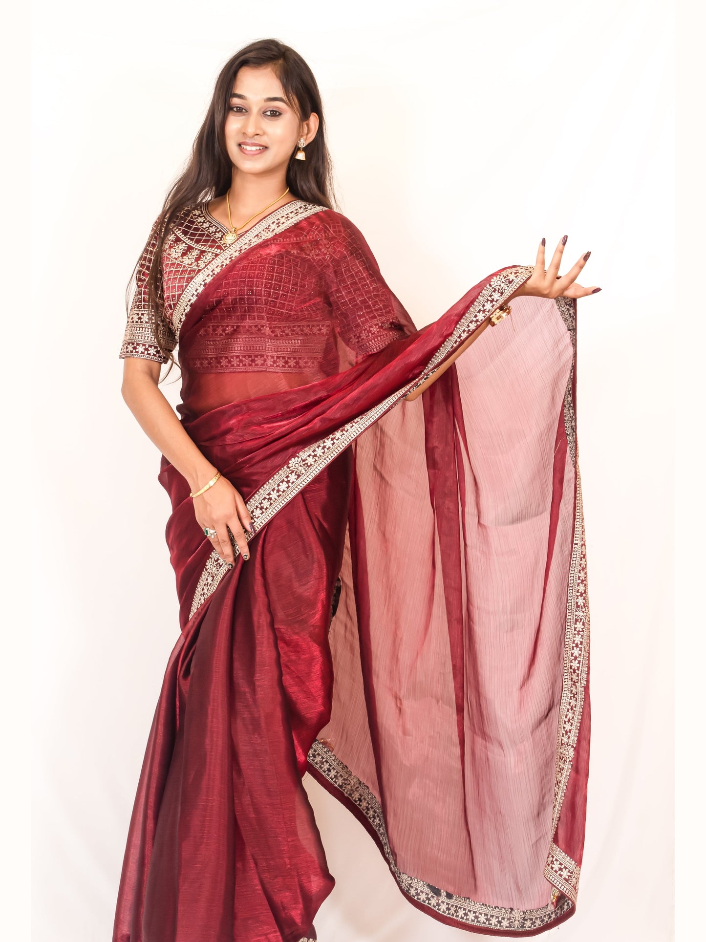 Classic Maroon Chinon Chiffon Saree with Premium Heavy Blouse