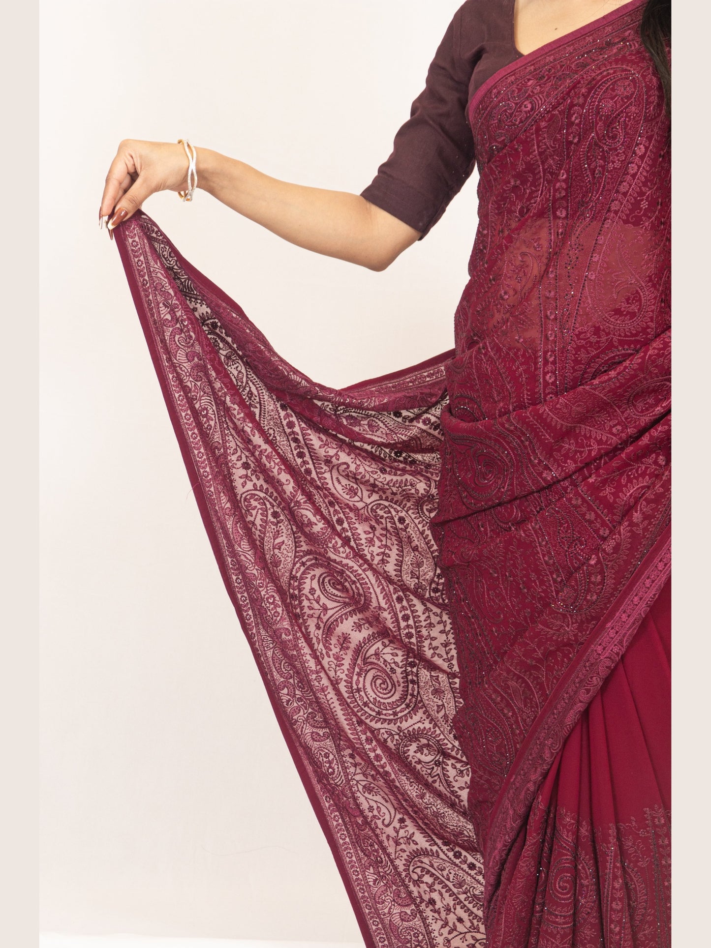 Exquisite Wine Georgette Saree with Resham Work & Swarovski Embellishments