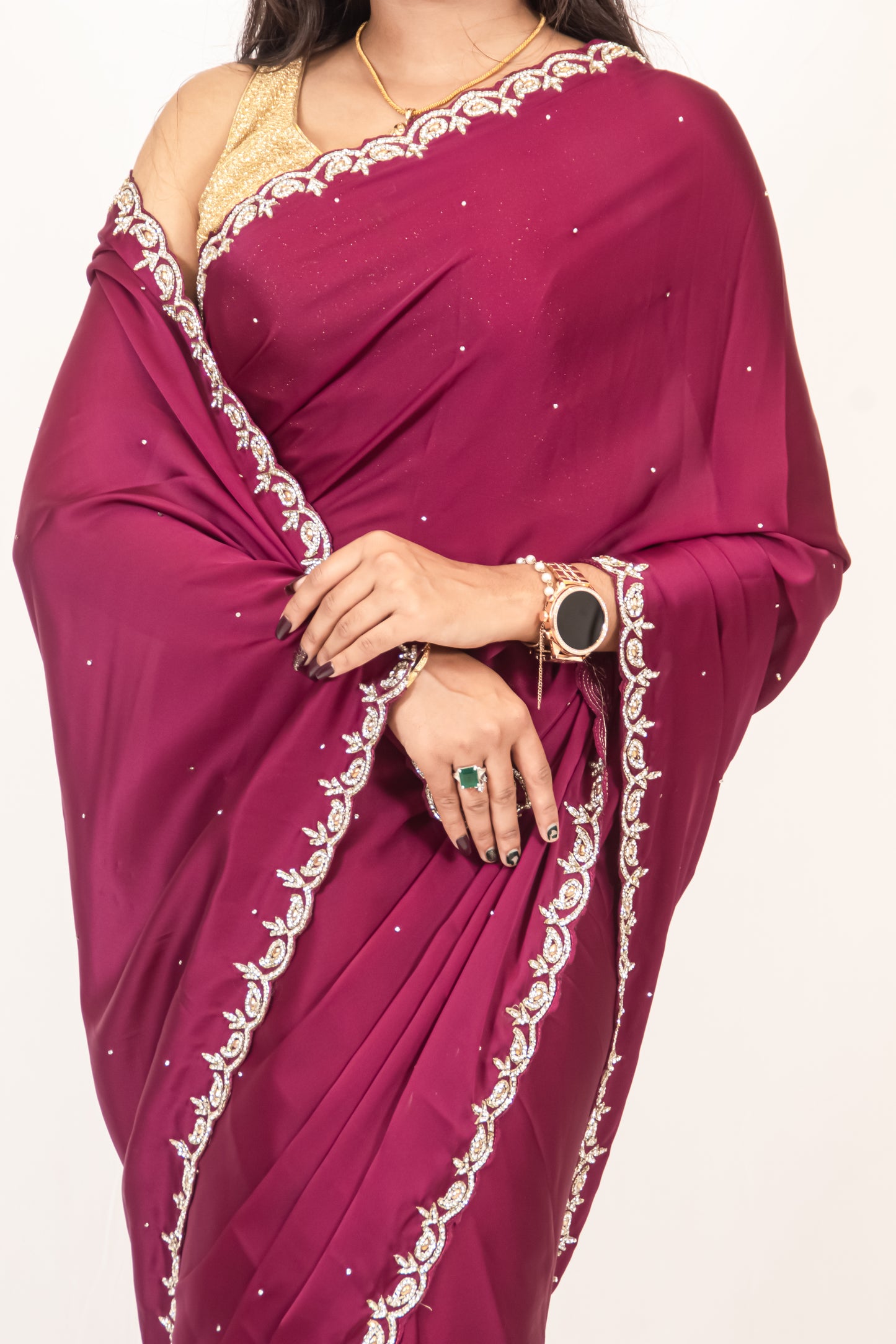 Elegance in Vine: Satin Crepe Saree with Exquisite Stonework Cutborder