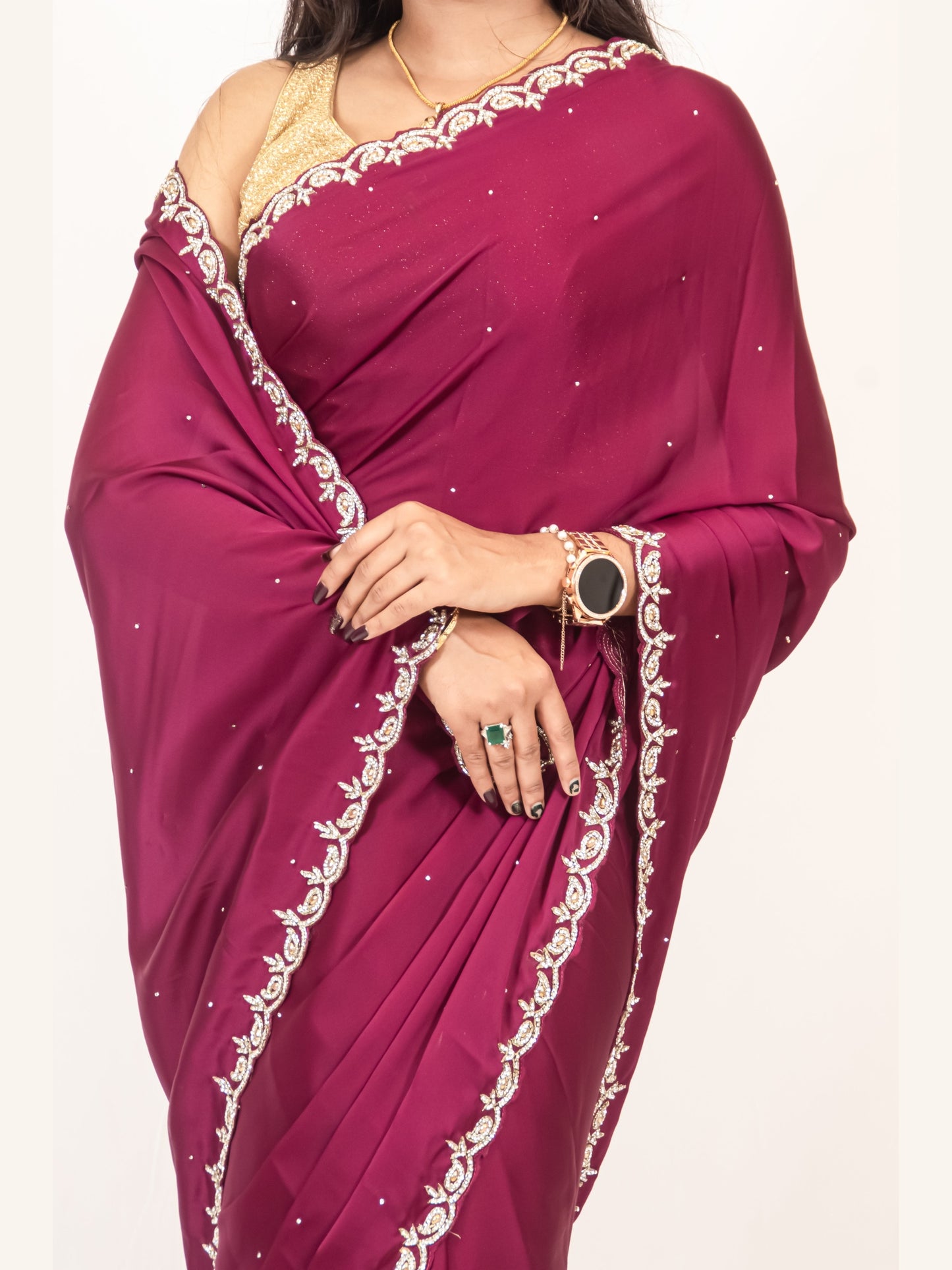 Elegance in Vine: Satin Crepe Saree with Exquisite Stonework Cutborder