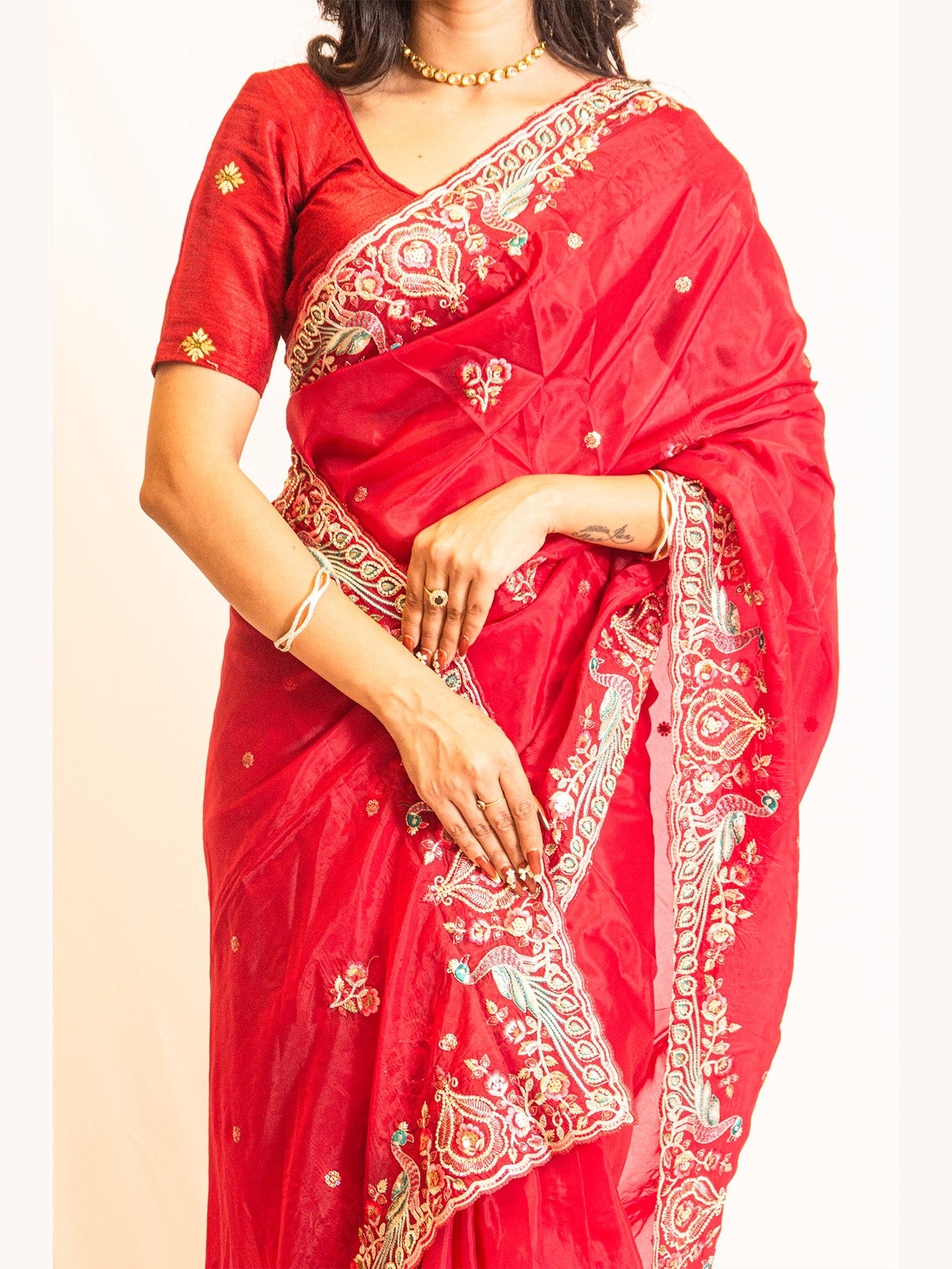Radiant Red Organza Saree with Beautiful Thread & Zarkan Embroidery