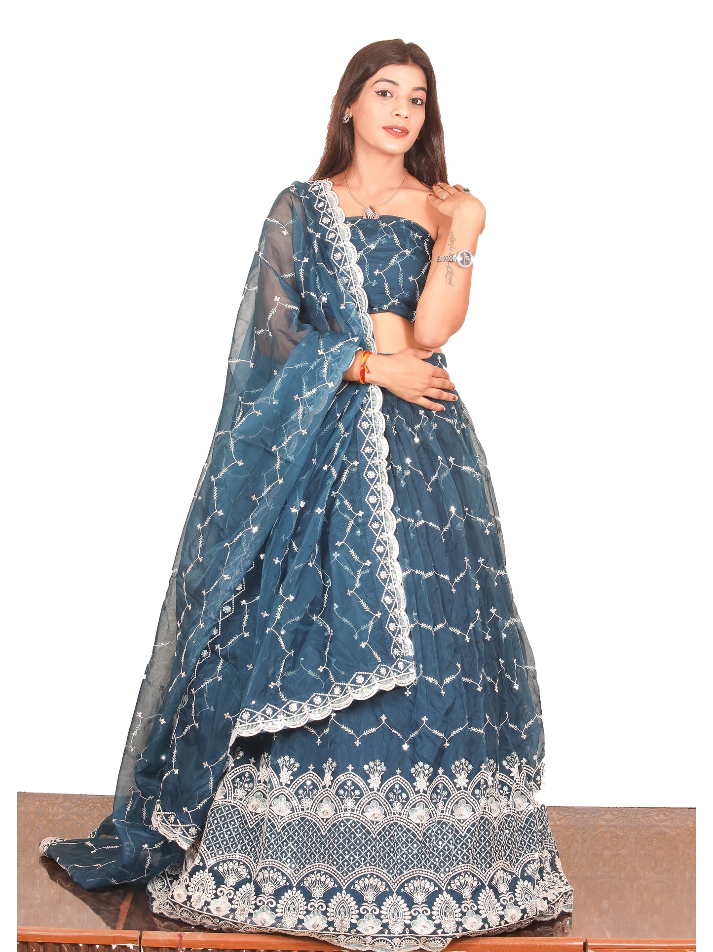 Blue Resham threadwork Organza Lehenga