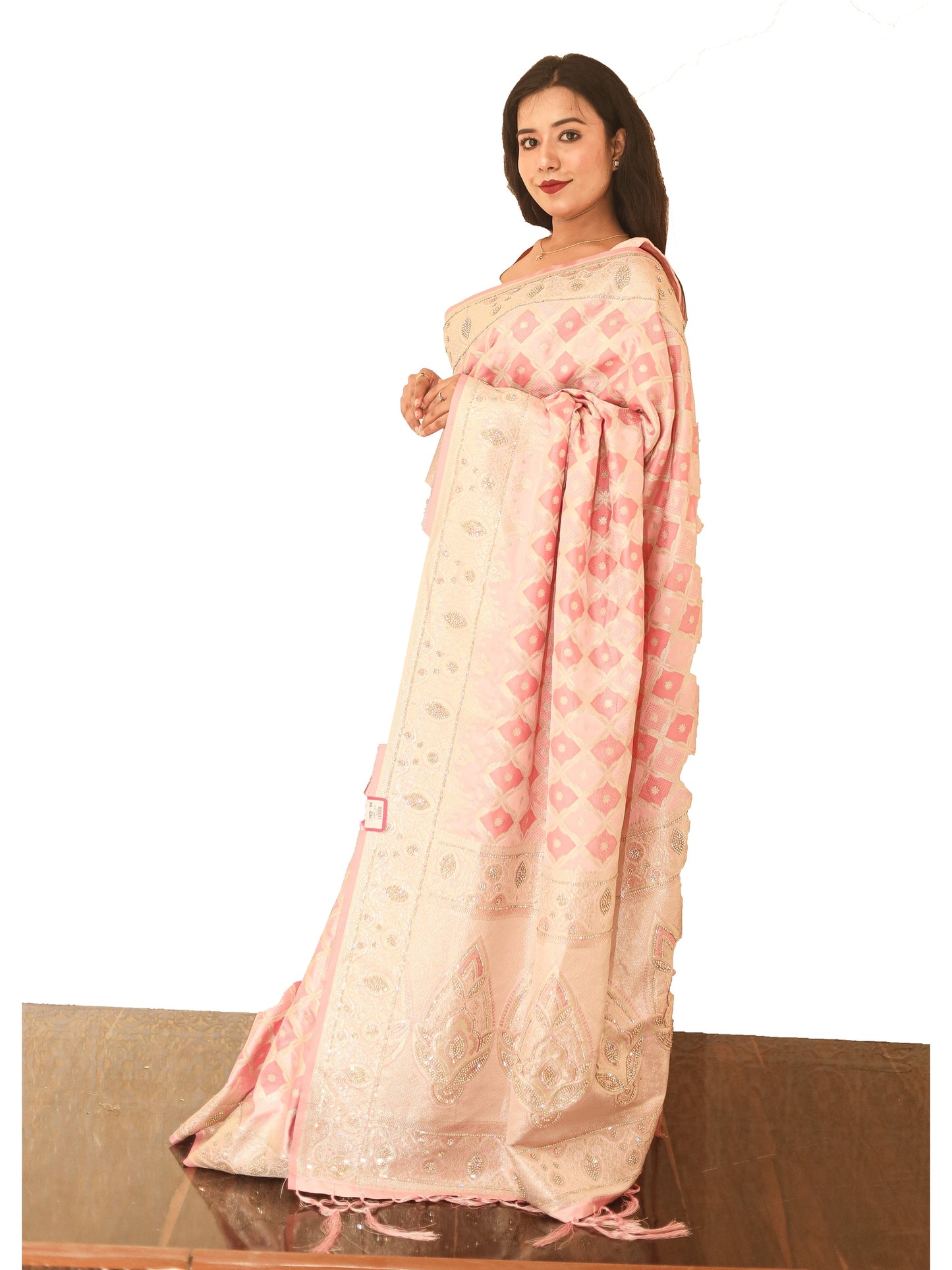 Peach Gold Zariwork Dola Silk Saree