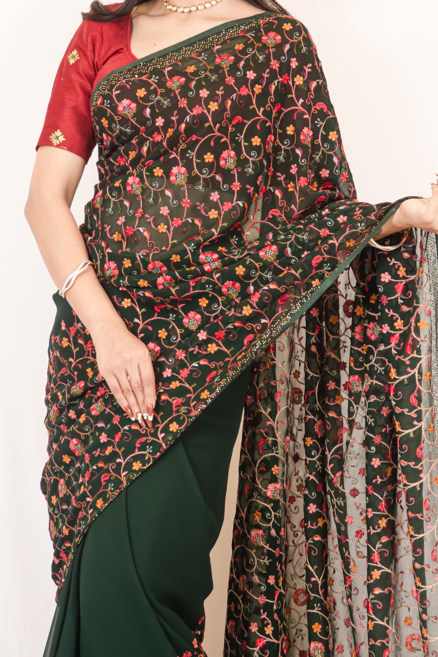 Sophisticated Bottle Green Georgette Saree with Resham & Swarovski