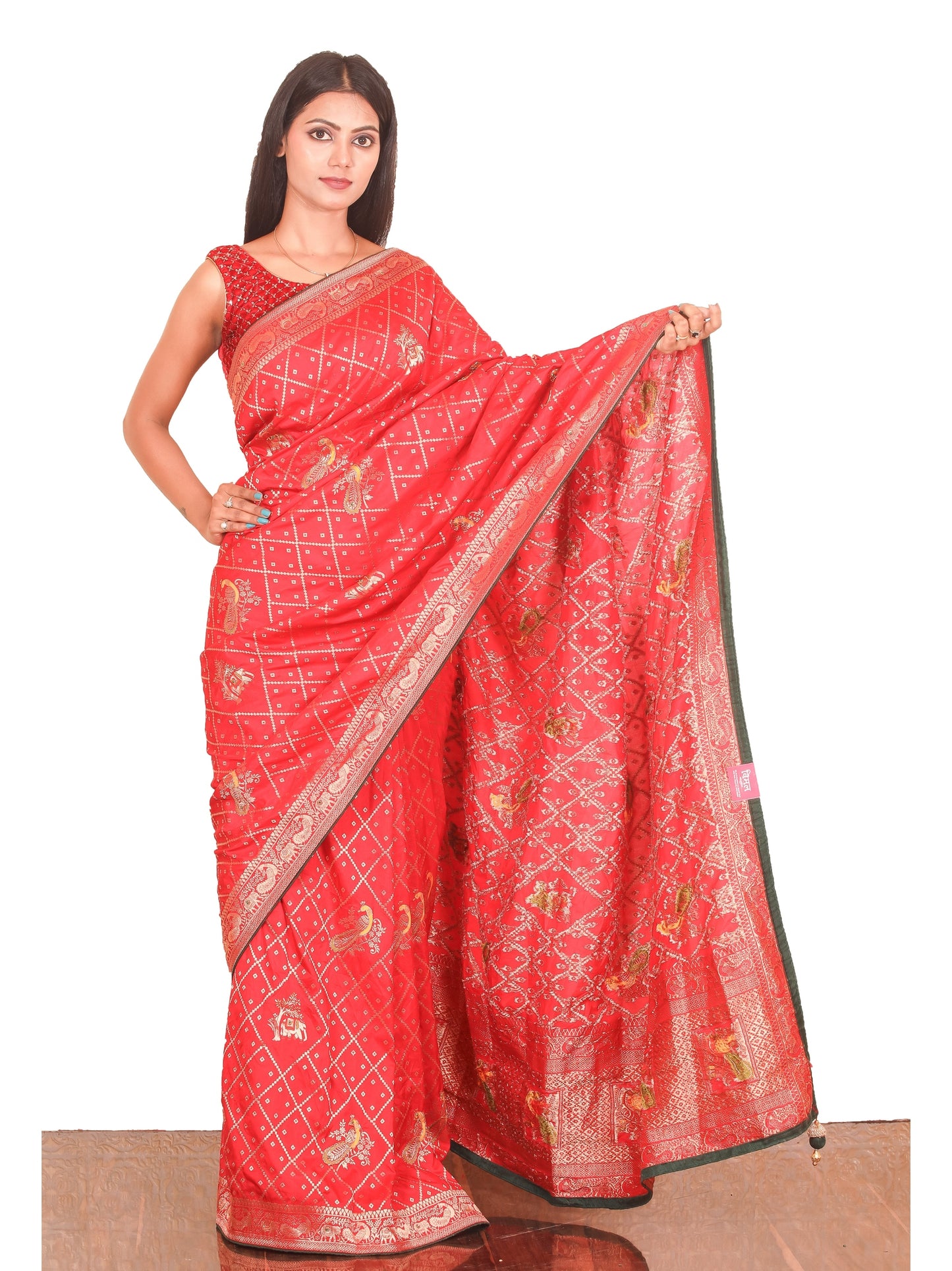 Peacock motifs Red Dola Silk Saree