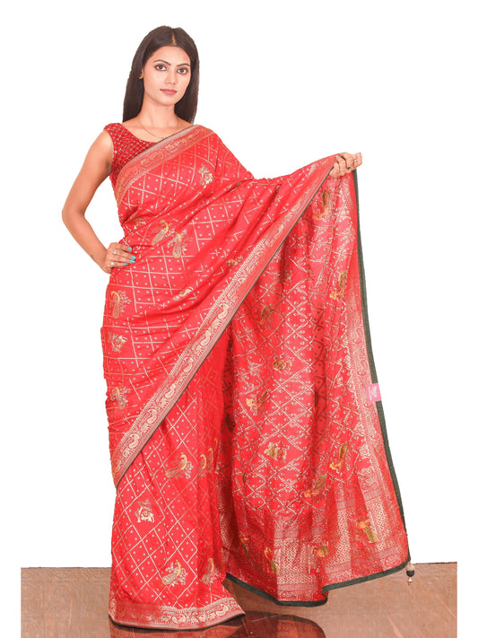 Peacock motifs Red Dola Silk Saree