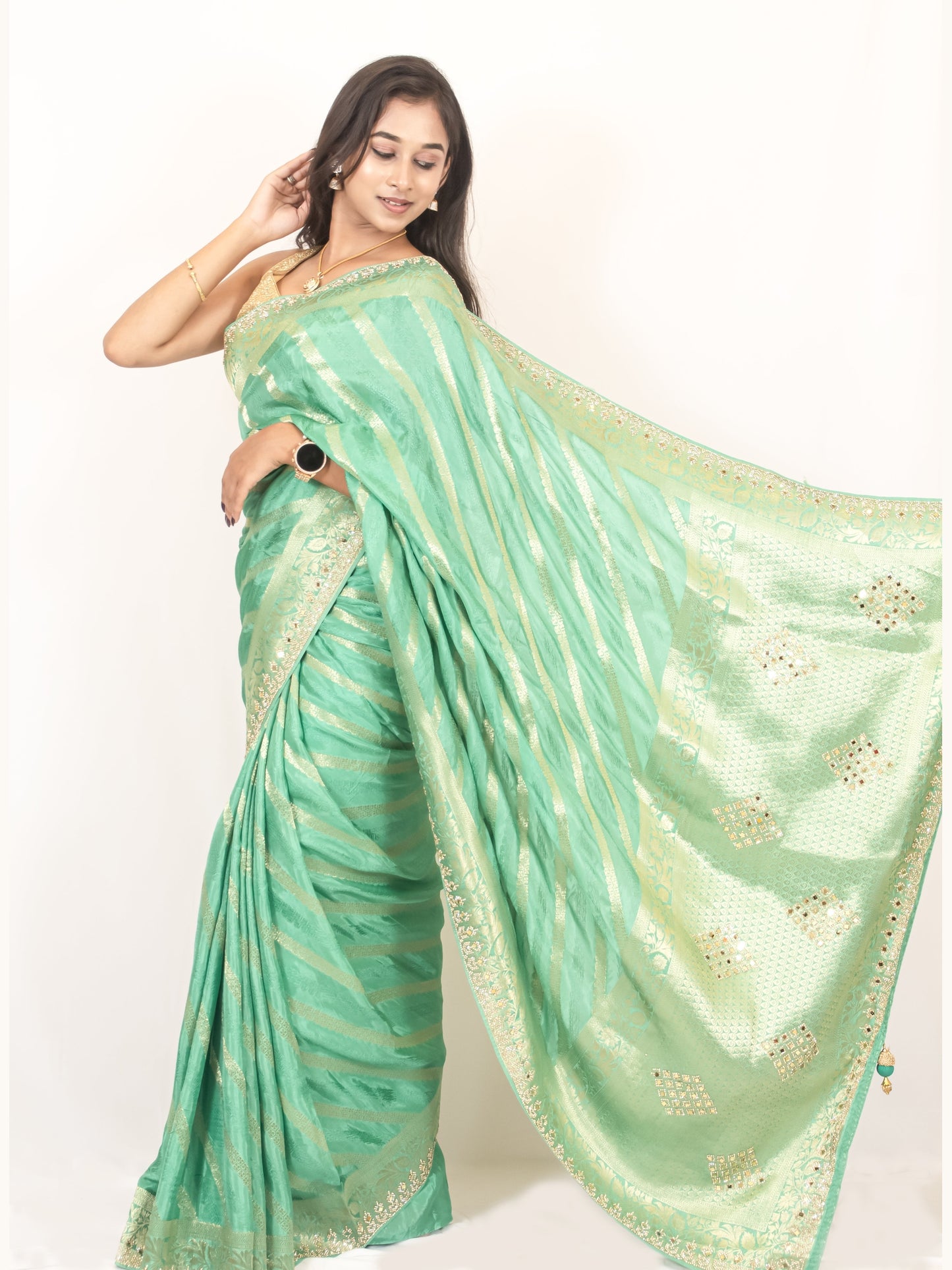 Elegant Pista Green Crape Silk Saree with Swarovski, Zari, and Mirror Work | Matching Blouse Included