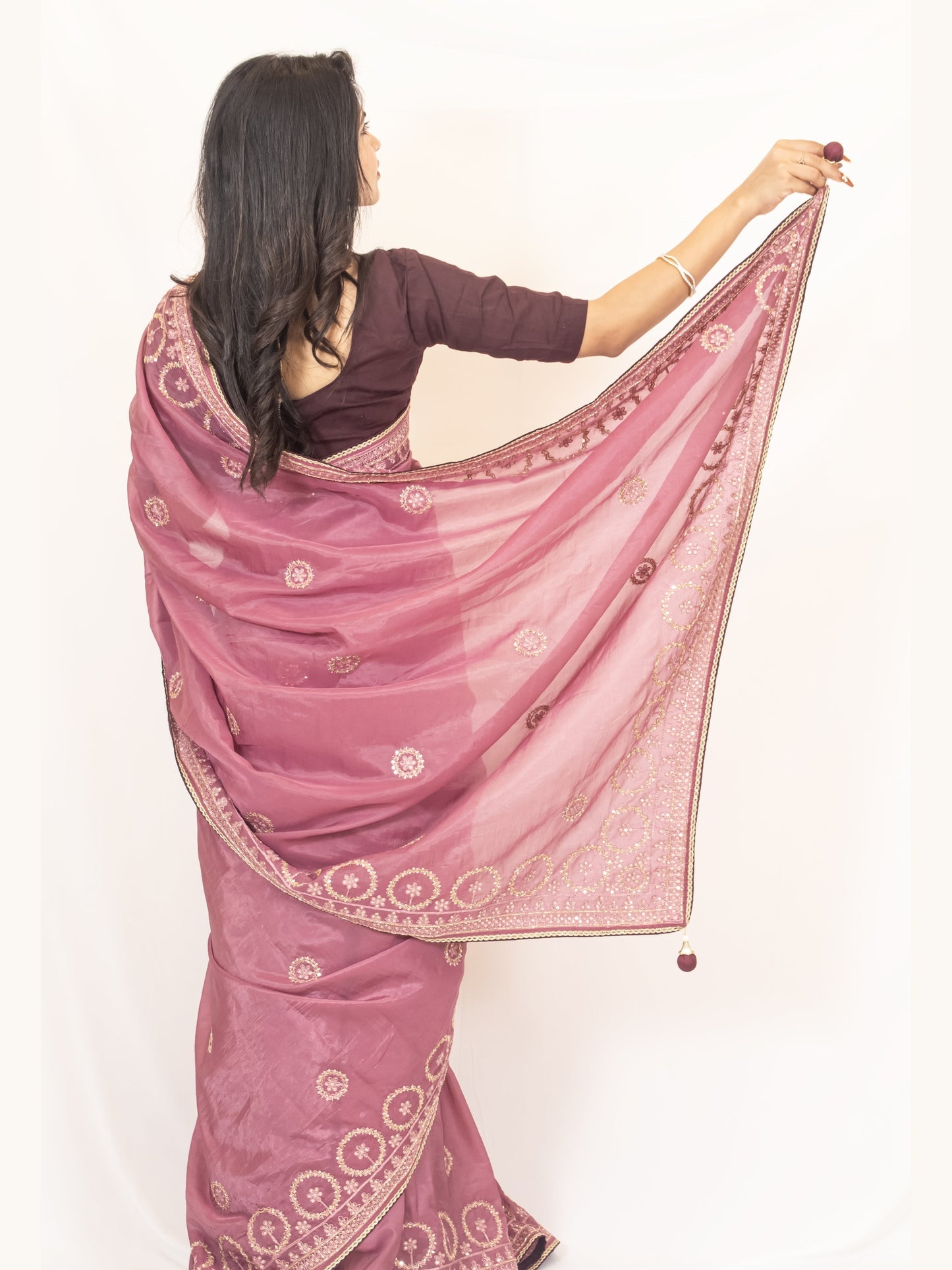 Glamorous Onion Pink Crush Chinon Chiffon Saree with Zari, Sequence & Cardana Accents