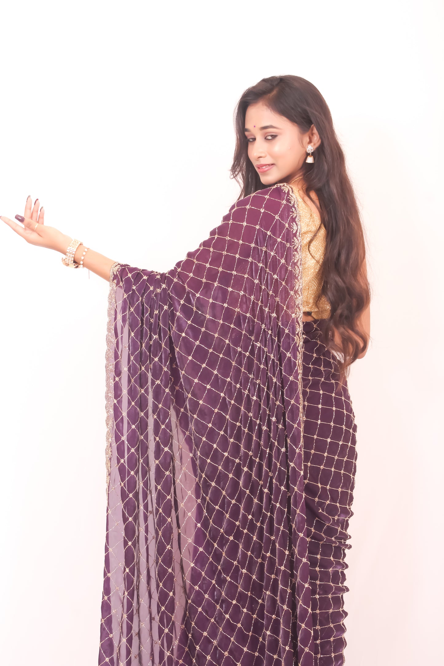 Deep Purple Velvet Chiffon Saree with All-Over Cut Dana & Stone Work