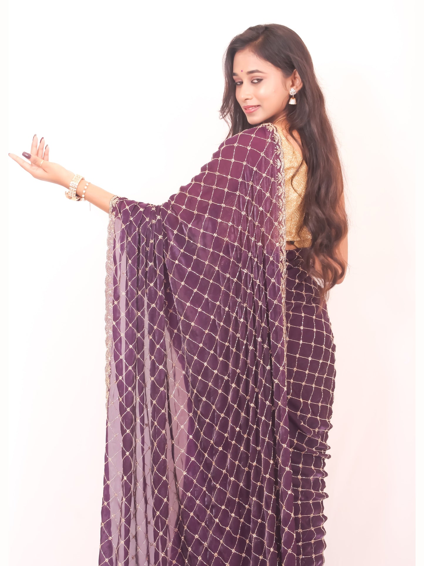 Deep Purple Velvet Chiffon Saree with All-Over Cut Dana & Stone Work