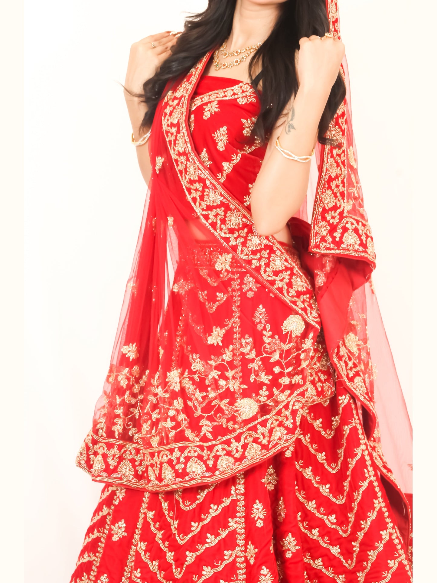 Luxury Red Bridal Lehenga with Golden Zari Embroidery