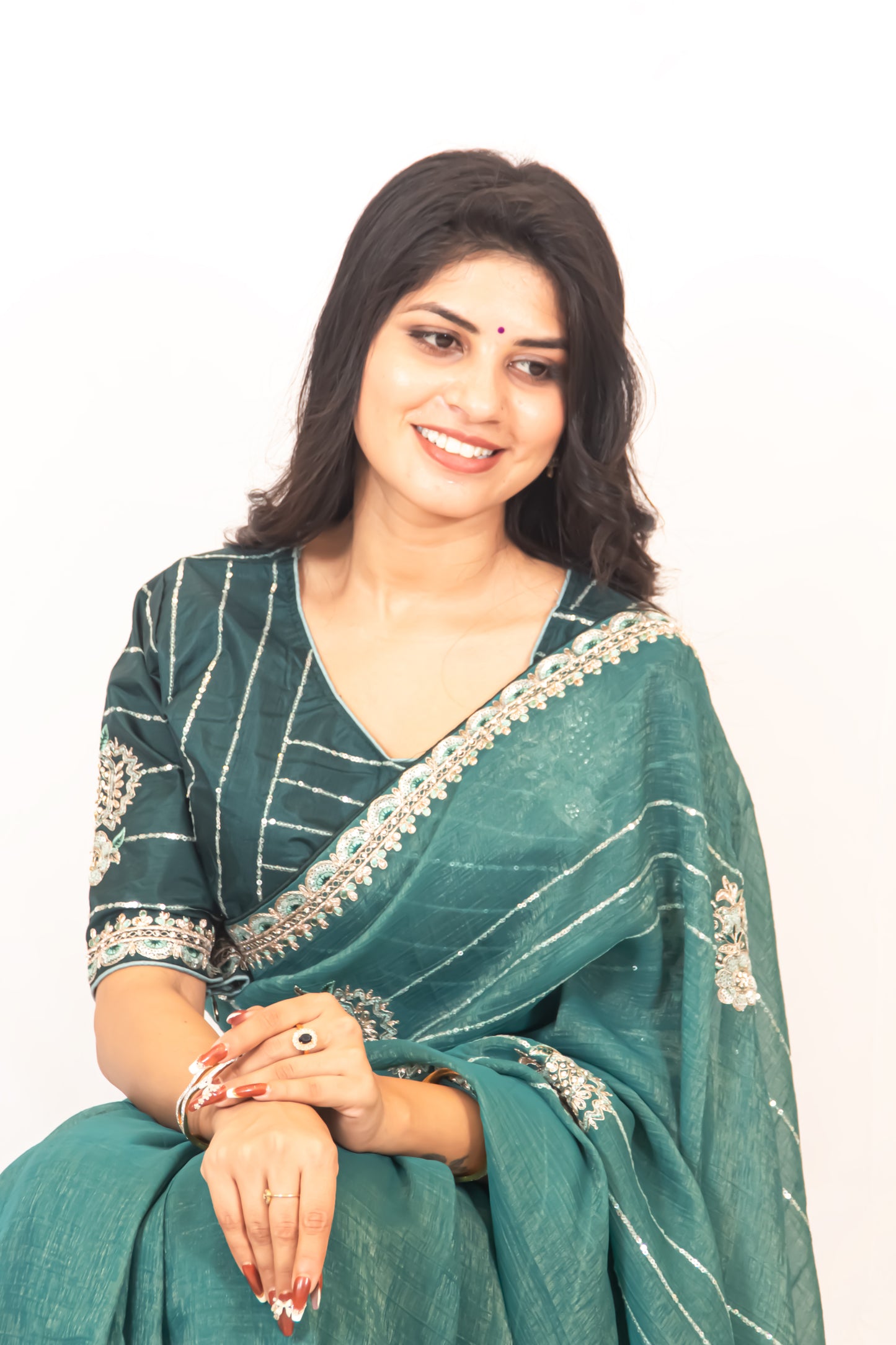 Rama Green Organza Saree with Zari & Stone Detailing, Comes with Ready-Made Blouse