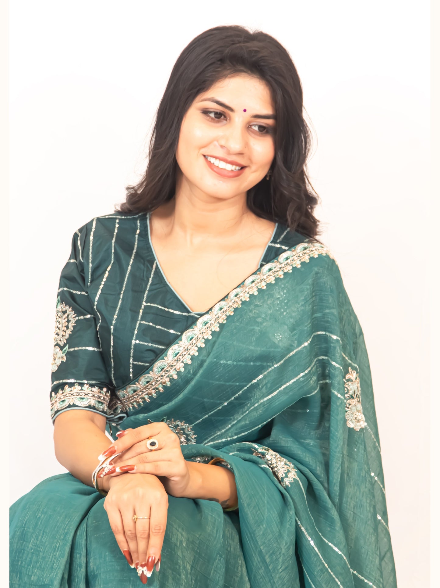Rama Green Organza Saree with Zari & Stone Detailing, Comes with Ready-Made Blouse